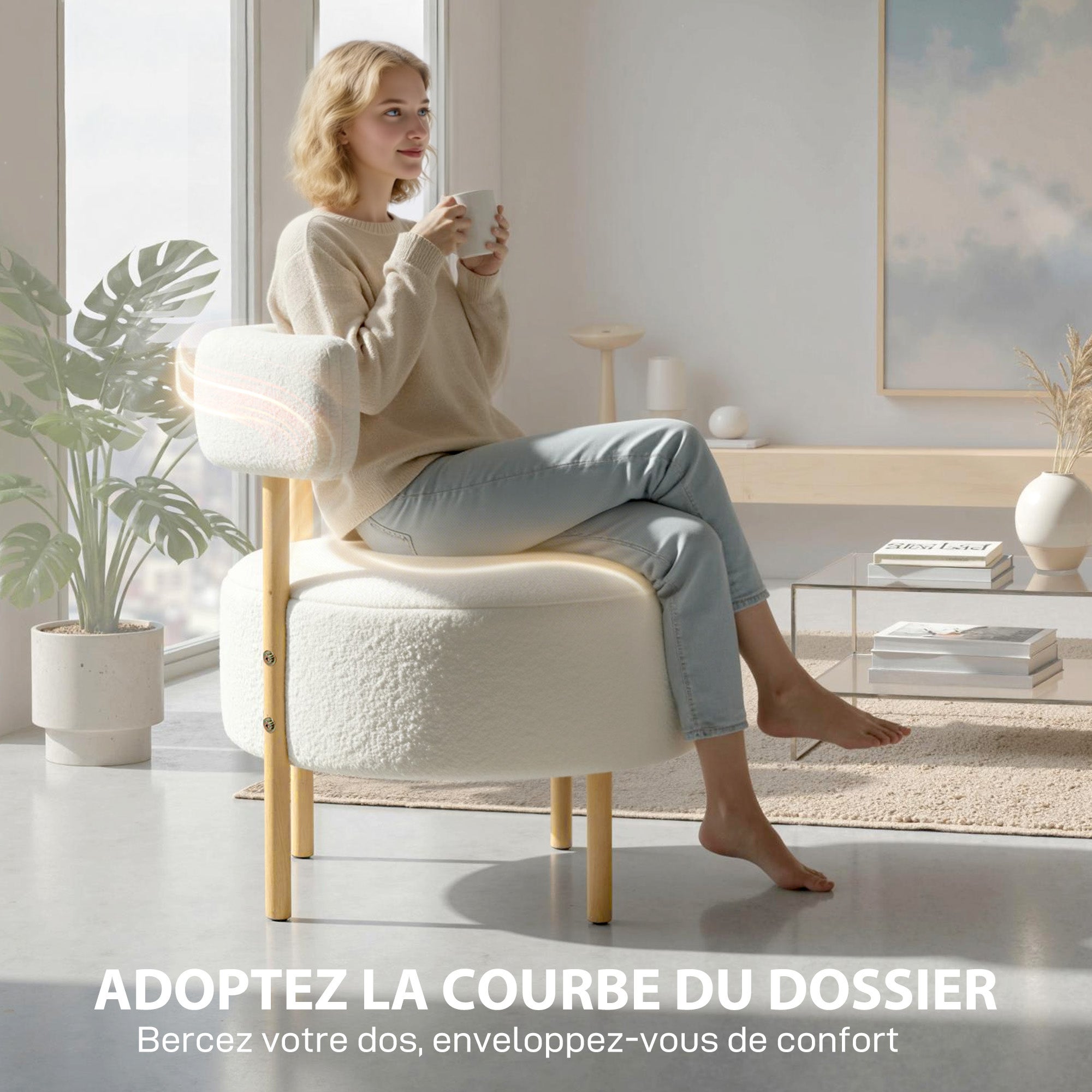 Fauteuil lounge capitonné une place bouclé crème dossier incurvé assise large 67x67x71 - 7