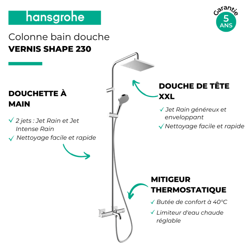 Colonne bain douche thermostatique HANSGROHE Vernis Shape 230 chromé - 3