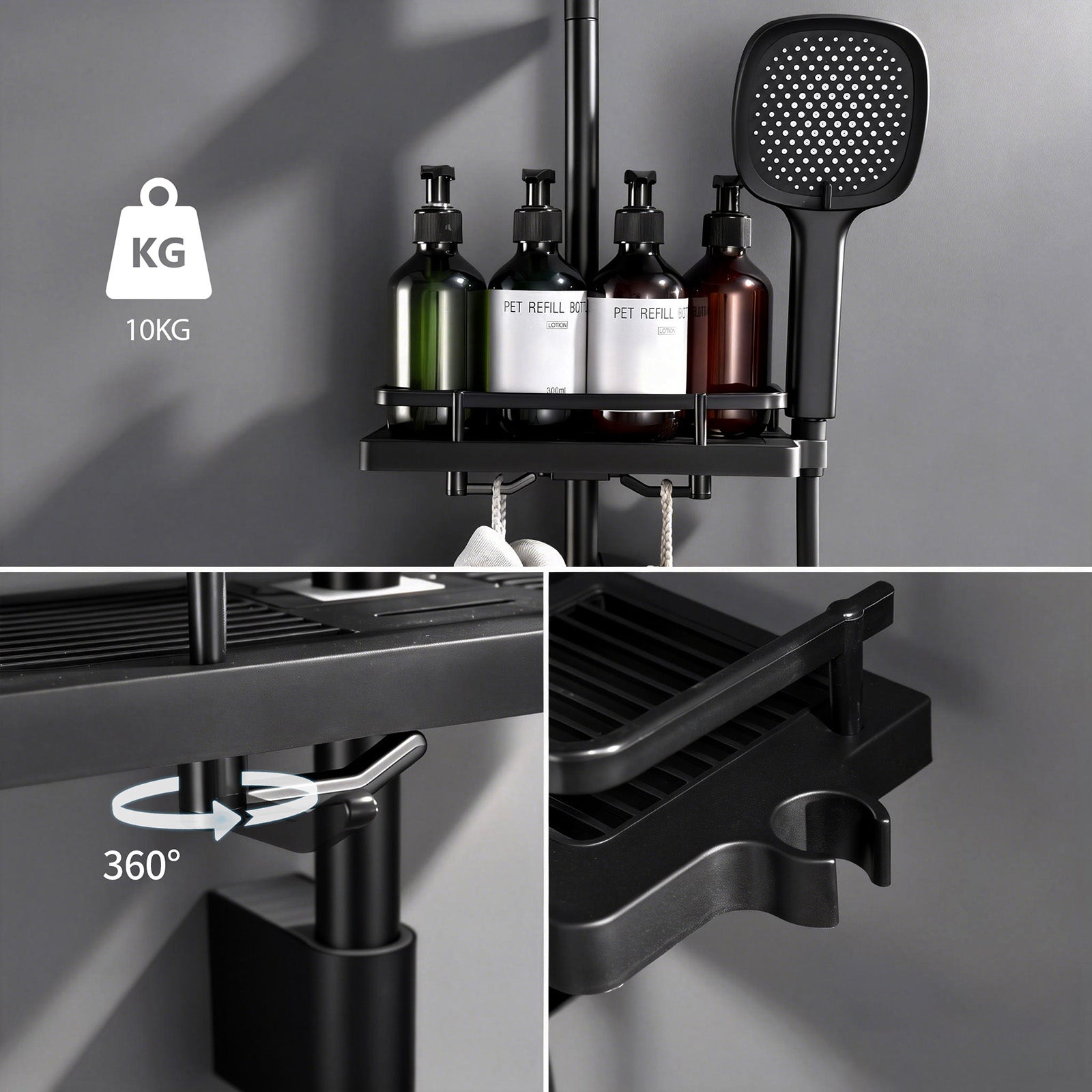 Barre de Douche Noir Réglable 900 mm avec Étagère Coulissante Intégrée, Support Ajustable Sans Perçage Supplémentaire, en Acier Inoxydable - 6