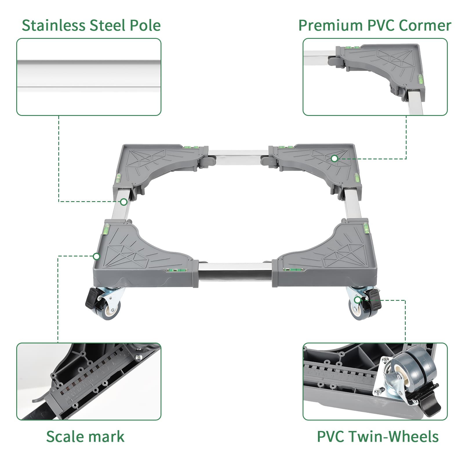 Support machine à laver : 4 roulettes verrouillables, charge 200 kg, largeur réglable, 4 supports, pour lave-linge/sèche-linge/réfrigérateurs - 5