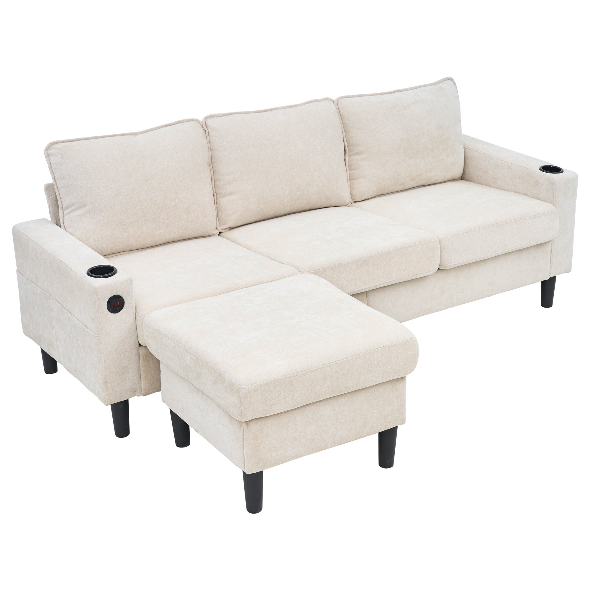Sofa tapicerowana 3-osobowa - z portami USB i Type-C - z dwoma uchwytami na kubki - Sofa w kształcie litery L z funkcją spania - Beżowa - 3