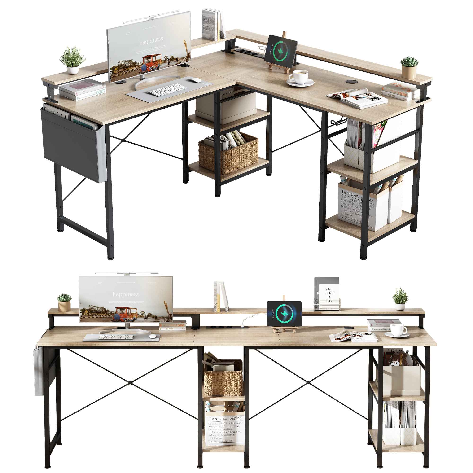 Bureau Gaming en L avec LED et Prises – 140x140 cm, Réversible avec Étagères Ajustables et Support Écran. - 2