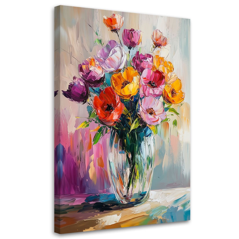 Obraz na płótnie, Bukiet Kolorowych Tulipanów w Wazonie 40x60