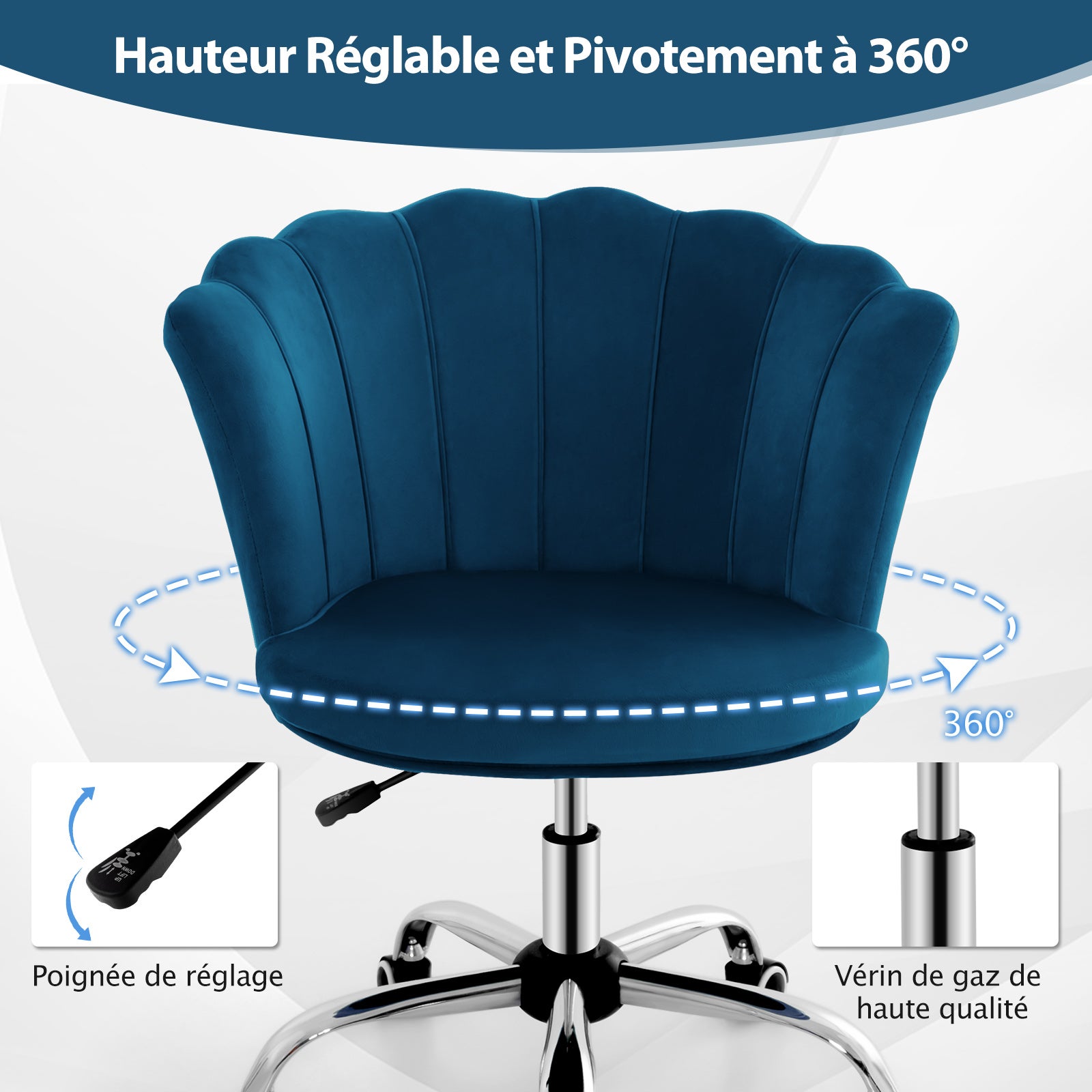 Fauteuil de Bureau en Velours avec 5 Roues Universelles, Chaise de Coiffeuse(Bleu) - 4