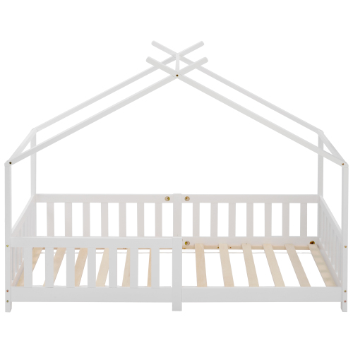 Lit cabane enfant 90x200 cm en bois avec clôture et sommier à lattes, pour chambre d'enfant et d'adolescent, blanc, sans matelas - 5