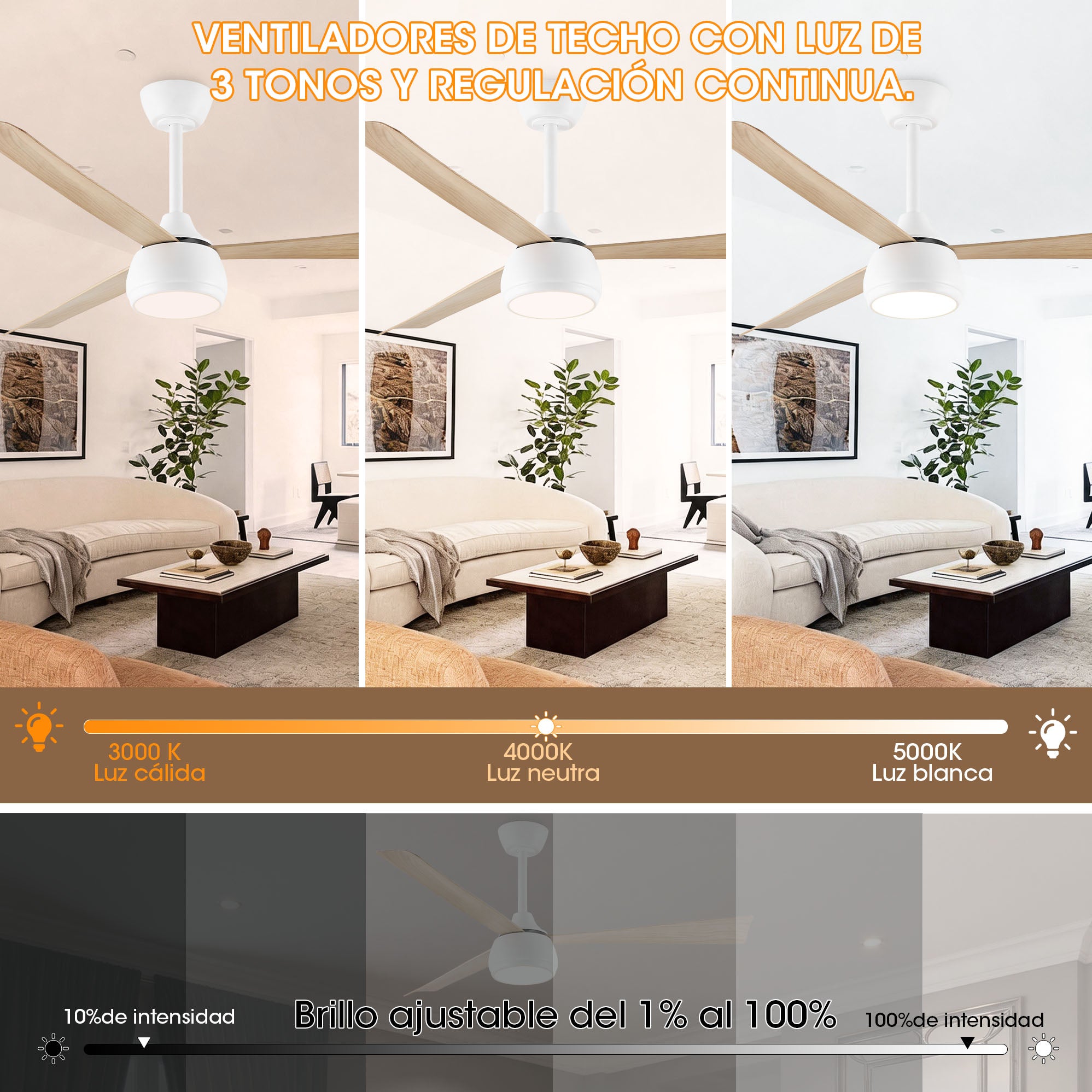 Ventilador de techo con luz Parrot Uncle motor DC silencioso con mando a distancia blanco mate efecto madera 132 cm invierno-verano - 9
