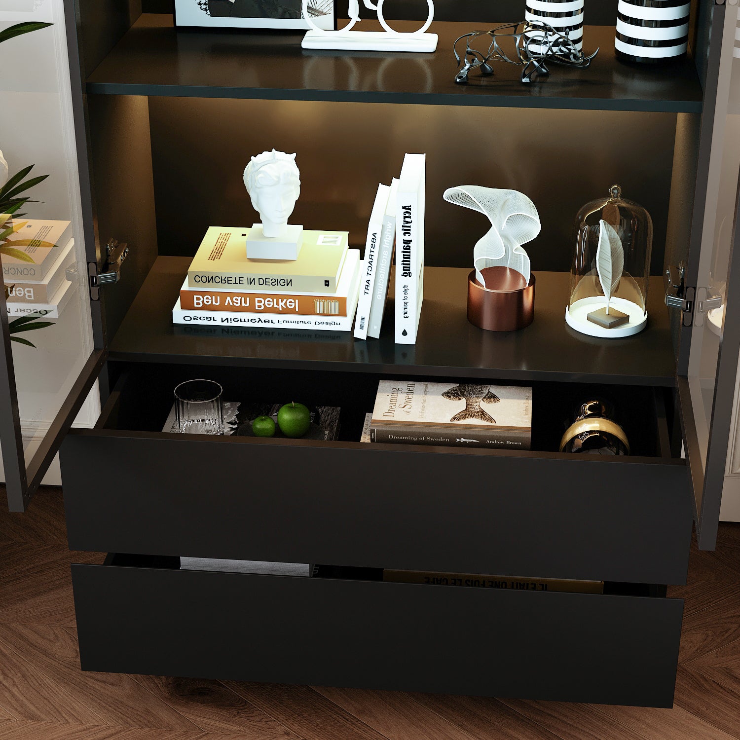 Vitrine à Lumières LED 3 couleurs, Armoire de Collection avec 2 Portes en Verre et 2 Tiroirs, Bureau et Salon, 80x36x200, Noir - 5