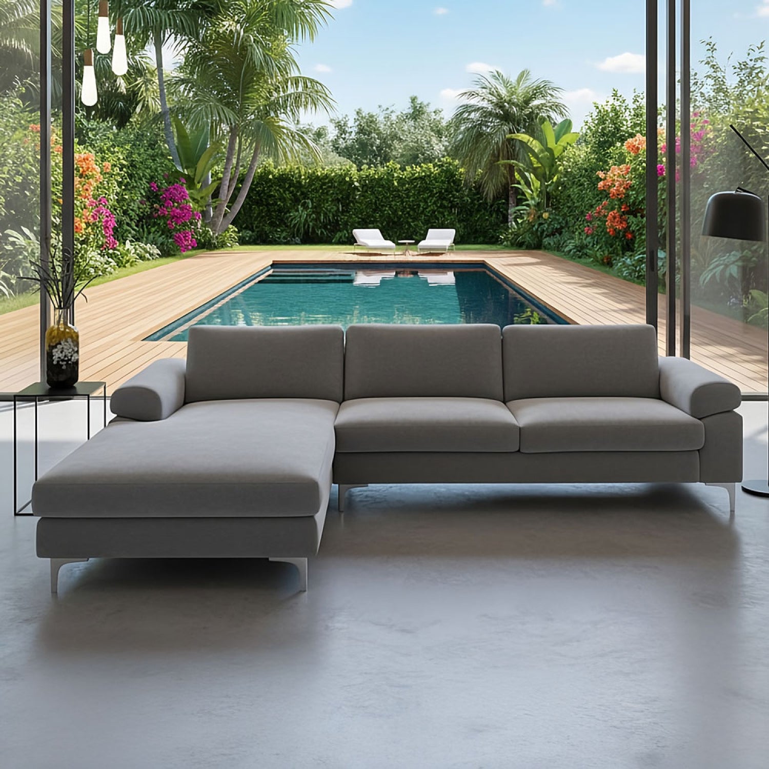 GALWAY Divano angolare sinistro 4-5 posti in velluto grigio - 3