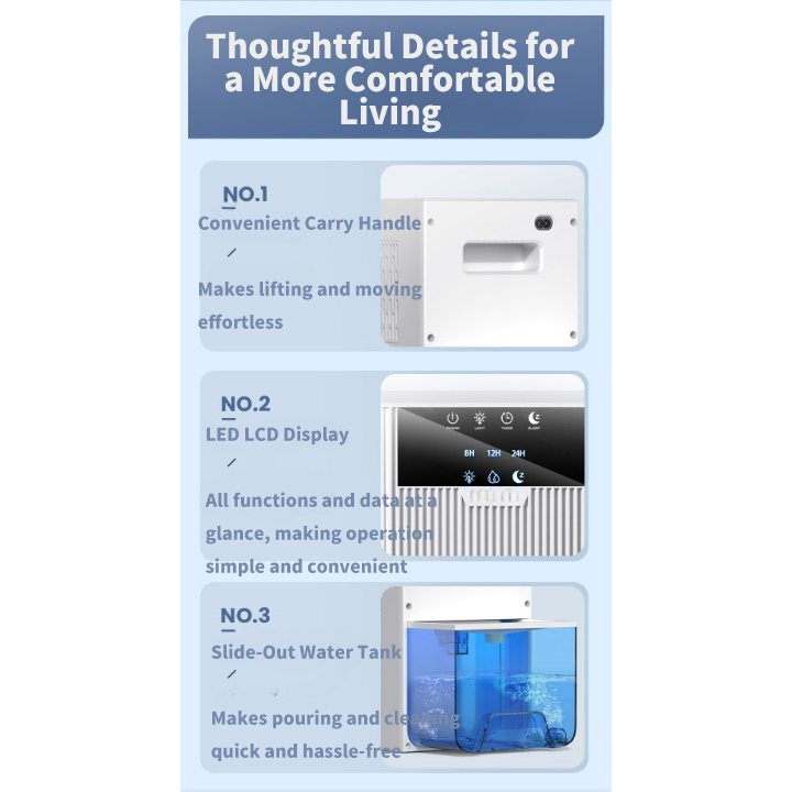 Deshumidificador silencioso y potente 2,2L para dormitorio, temporizador, pantalla LED, apagado automático, diseño compacto portátil - 8