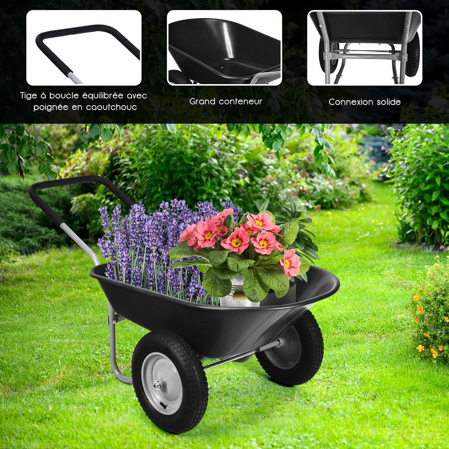 Brouette de jardin 2 roues pneus pneumatiques ø35cm 141l charge max 100kg résistante en fer noir - 4
