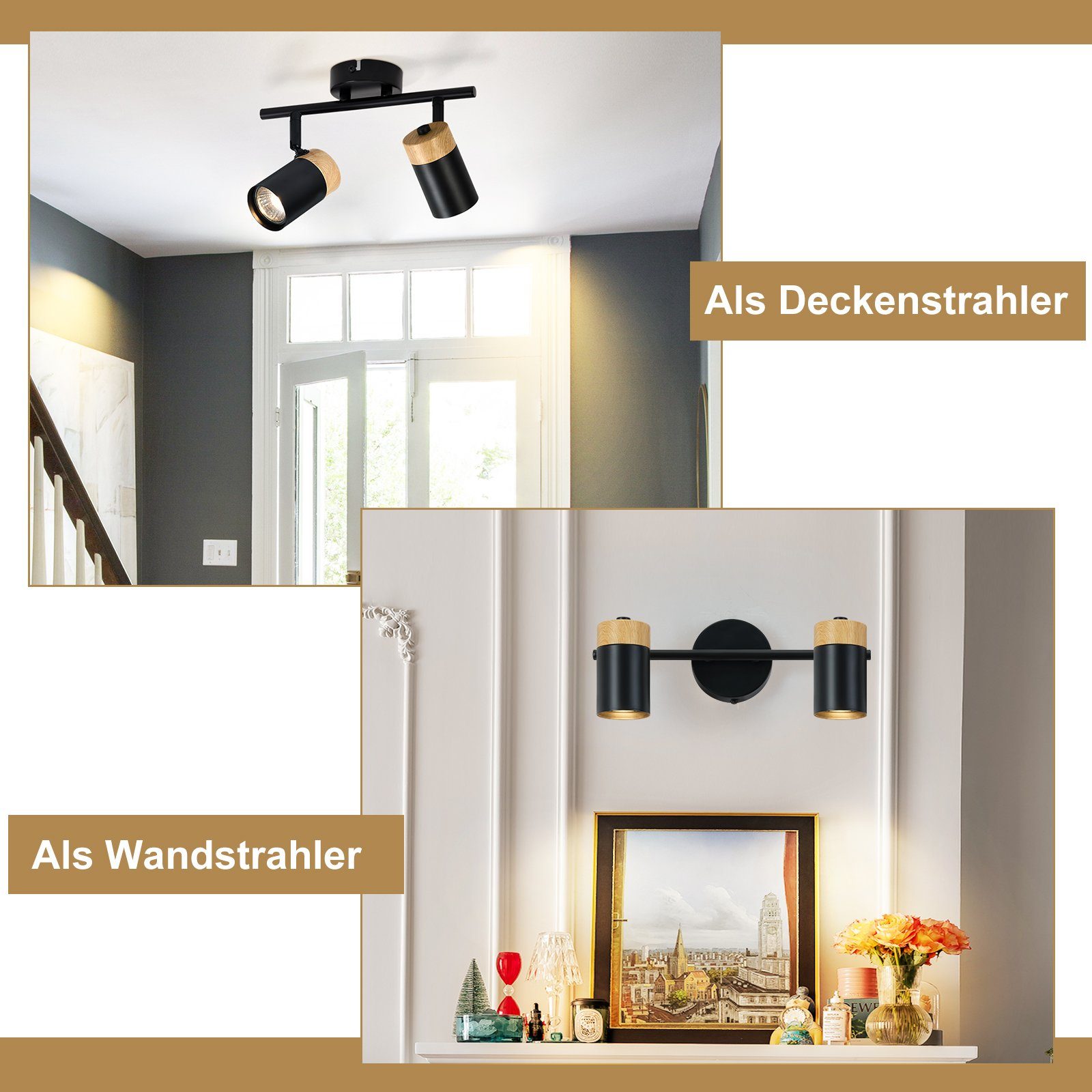 NETTLIFE Plafonnier 2 spots de bois noir GU10 LED orientable 330° pour couloir garage salon cuisine sans ampoule - 5