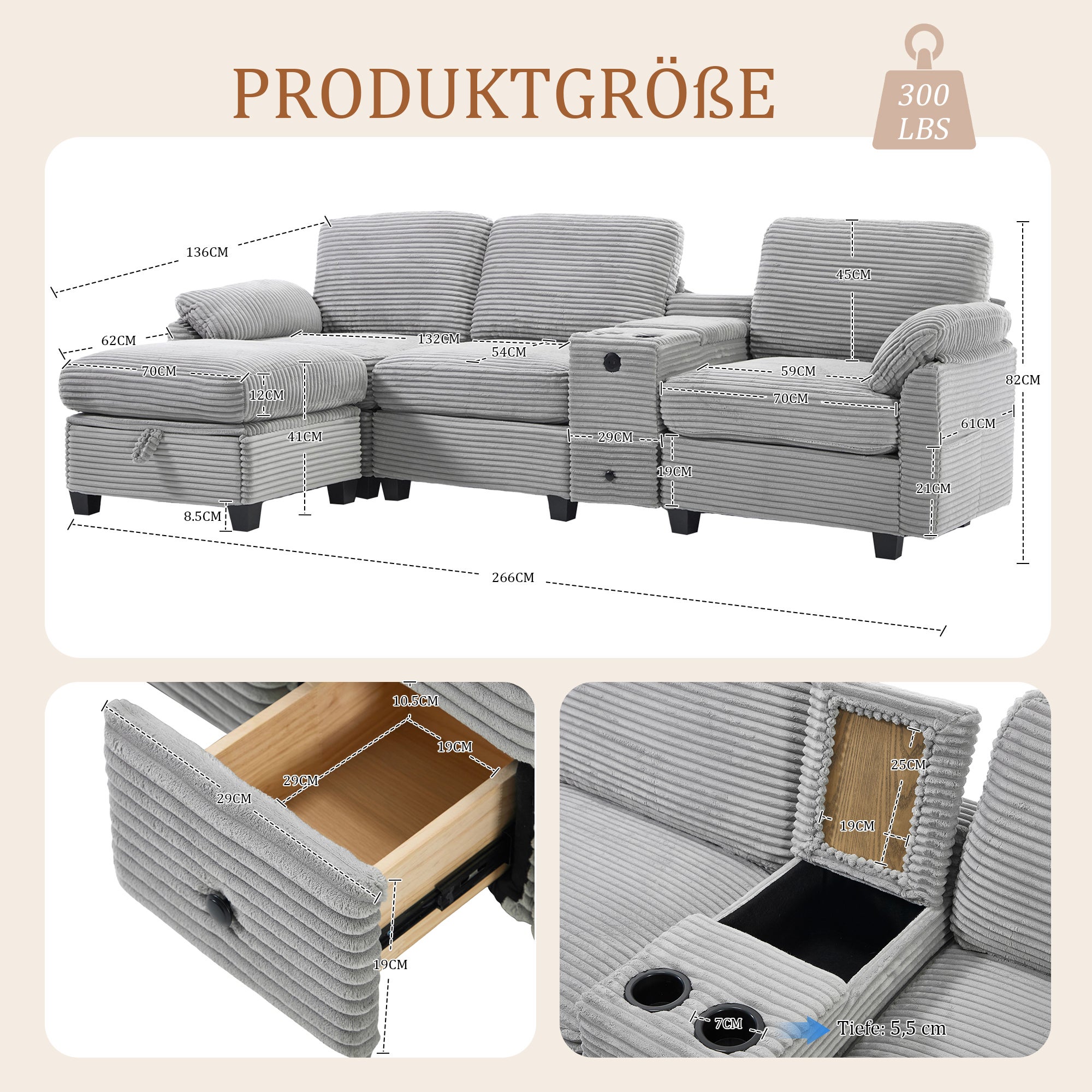 Grand canapé velours côtelé avec mousse confortable, console amovible, USB-C, poche latérale, tiroir de rangement et ottoman mobile.-Lu - 2