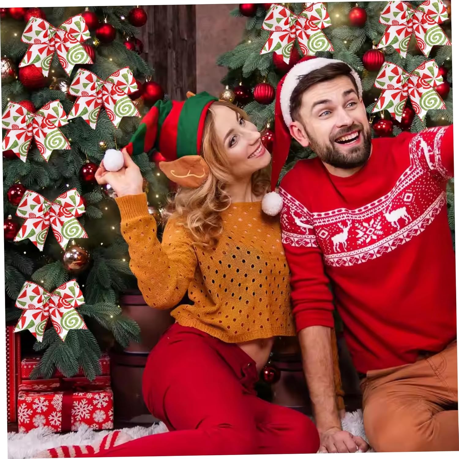 24 fiocchi di Natale verdi e rossi, 6 grandi alberi di Natale con ornamenti classici in paillettes per ghirlande, fasce, ghirlande, feste - 2