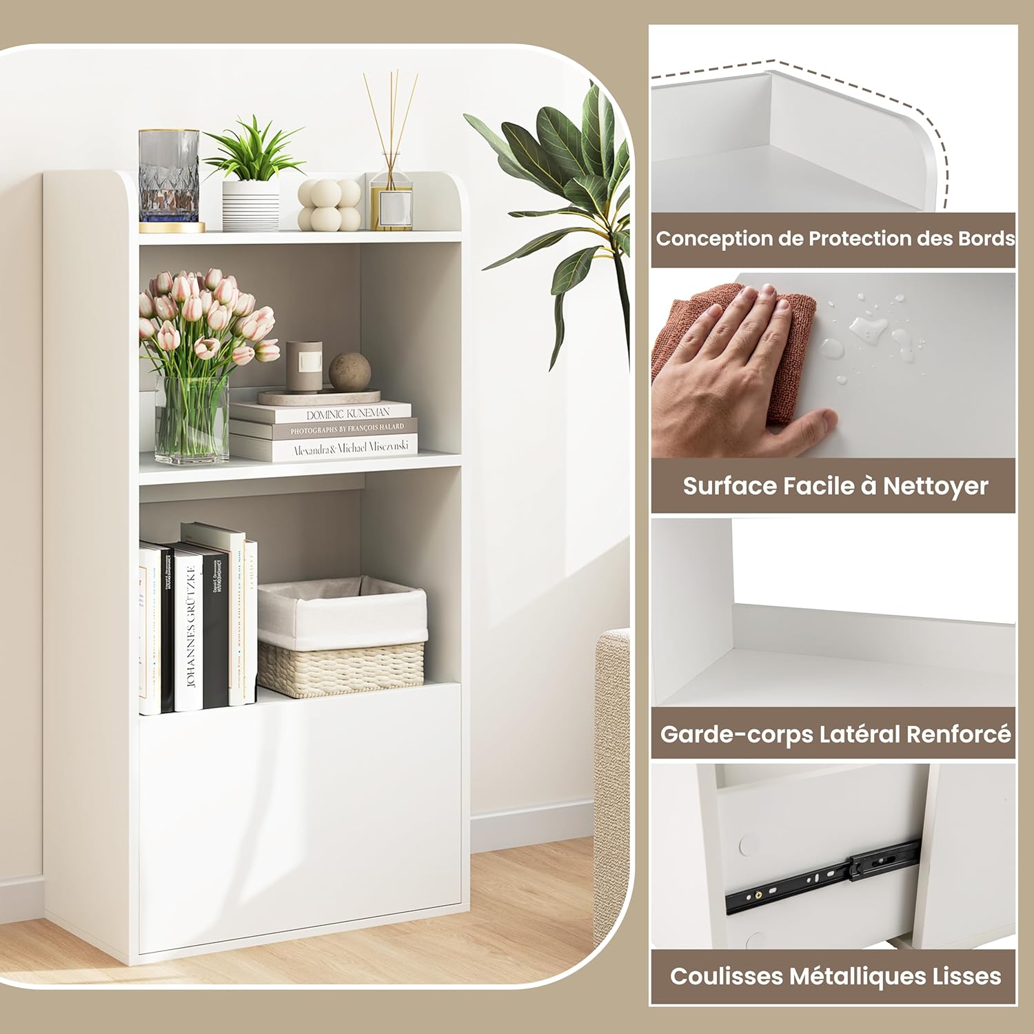 Libreria Aperta a 3 Ripiani, Scaffale Salvaspazio in Legno con Cassetto, Scaffale Portaoggetti Espositivo per Camera da Letto, Soggiorno, Cuci - 8