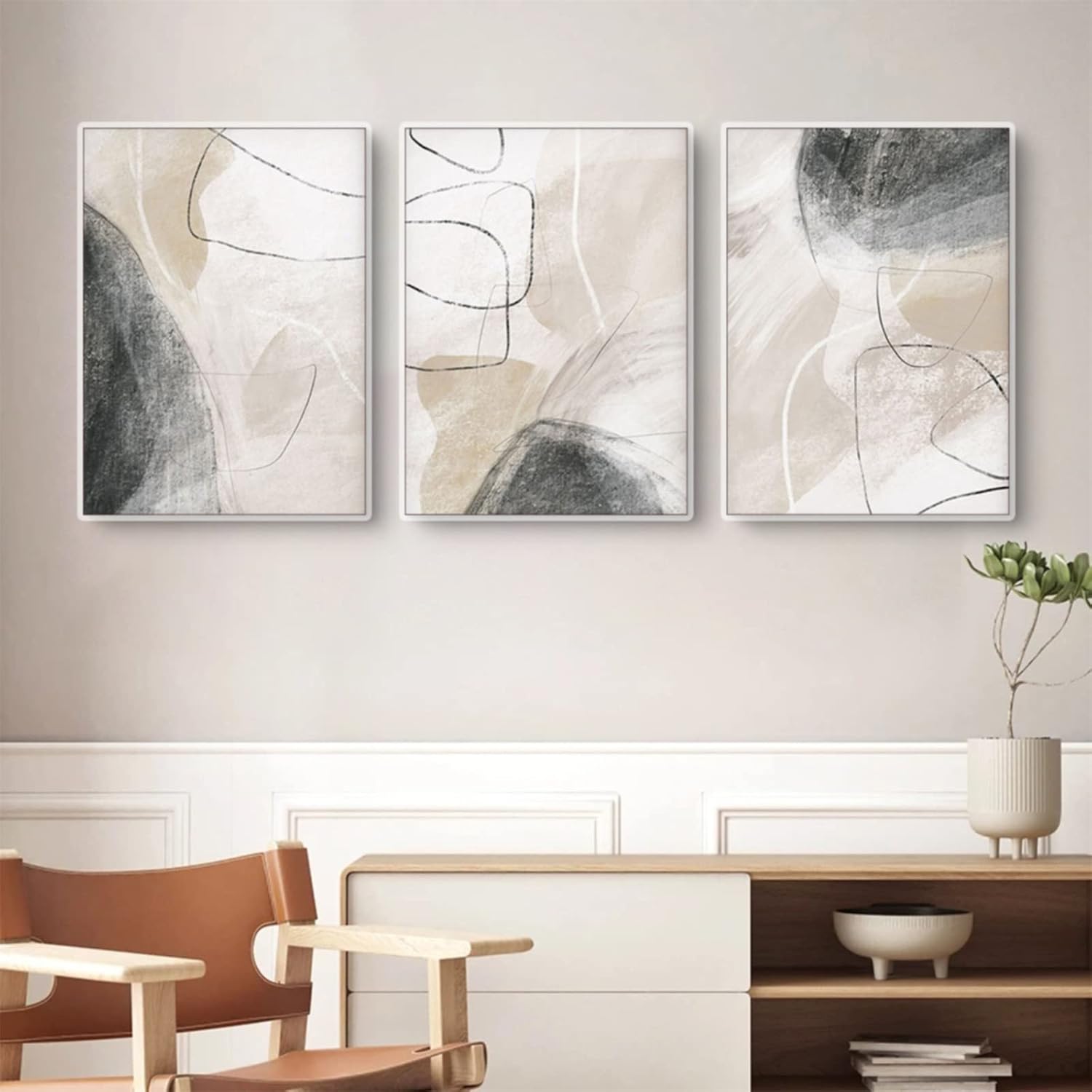 Zestaw 3 plakatów, abstrakcyjna sztuka ścienna, beżowy, nowoczesna sztuka ścienna na płótnie, bez ramy, dekoracja ścienna do salonu, 50 x 70 cm - 4