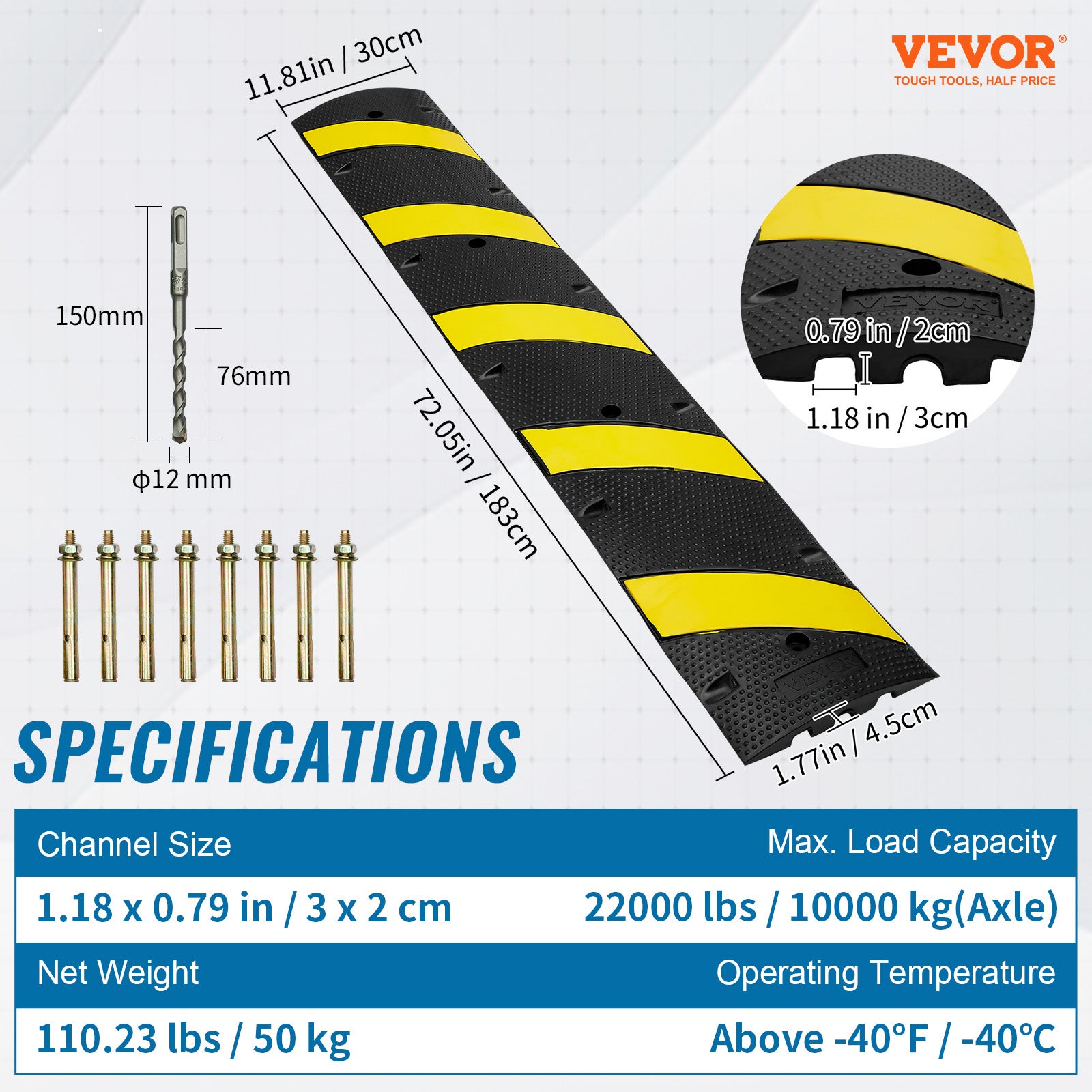 Rampe Protection Câble VEVOR Lot 2, 2 Canaux, Caoutchouc, Charge 10000 kg 8 Vis d'Expansion 1 Foret, pour Routes Parkings, 183x30x4,5 cm, Noir/Jaune - 7