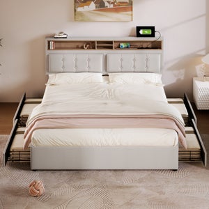Letto Matrimoniale Imbottito 140x200 Con 4 Cassetti E Porte USB - Moimhear Grigio - 5