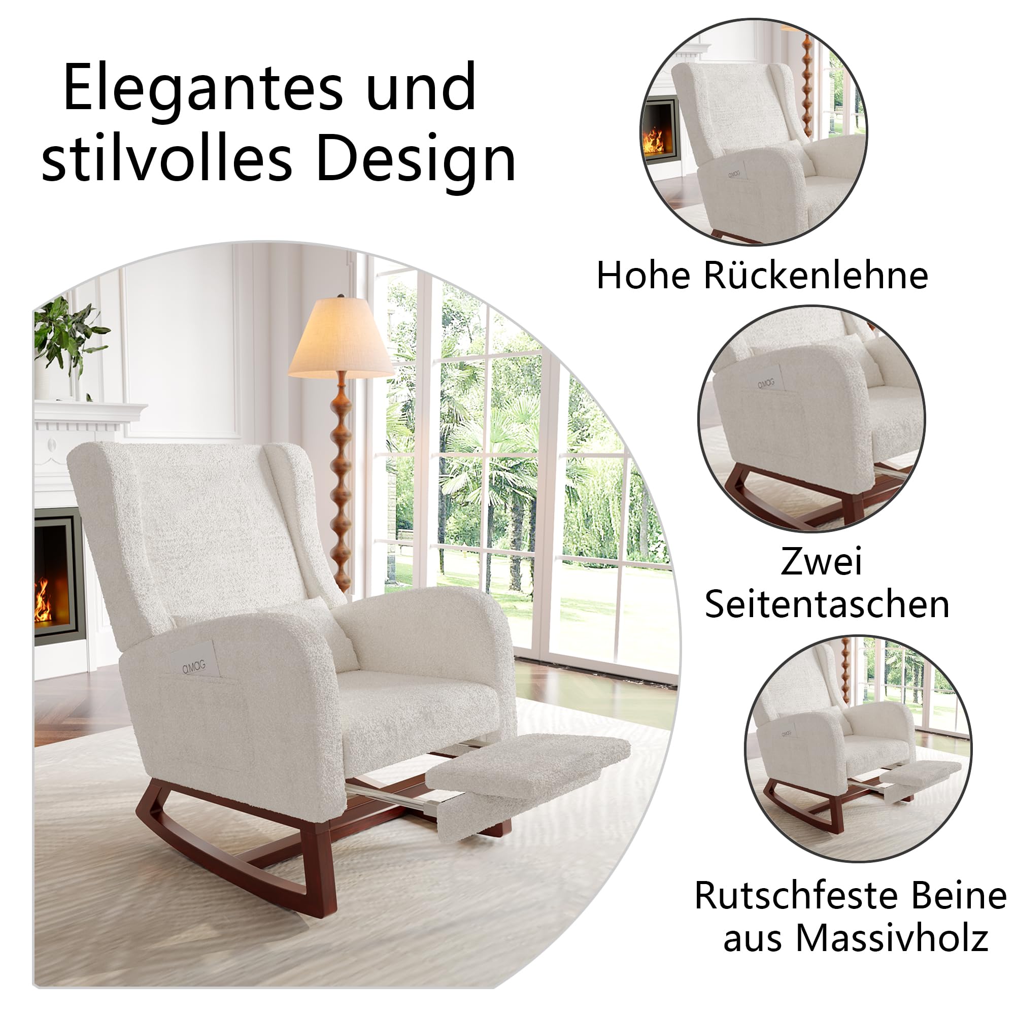 Fauteuil à Bascule Blanc, Rocking Chair, revêtement Bouclette, Fauteuil d'allaitement avec Repose-Pieds Coussin Lombaire Pieds en Bois Massif - 4
