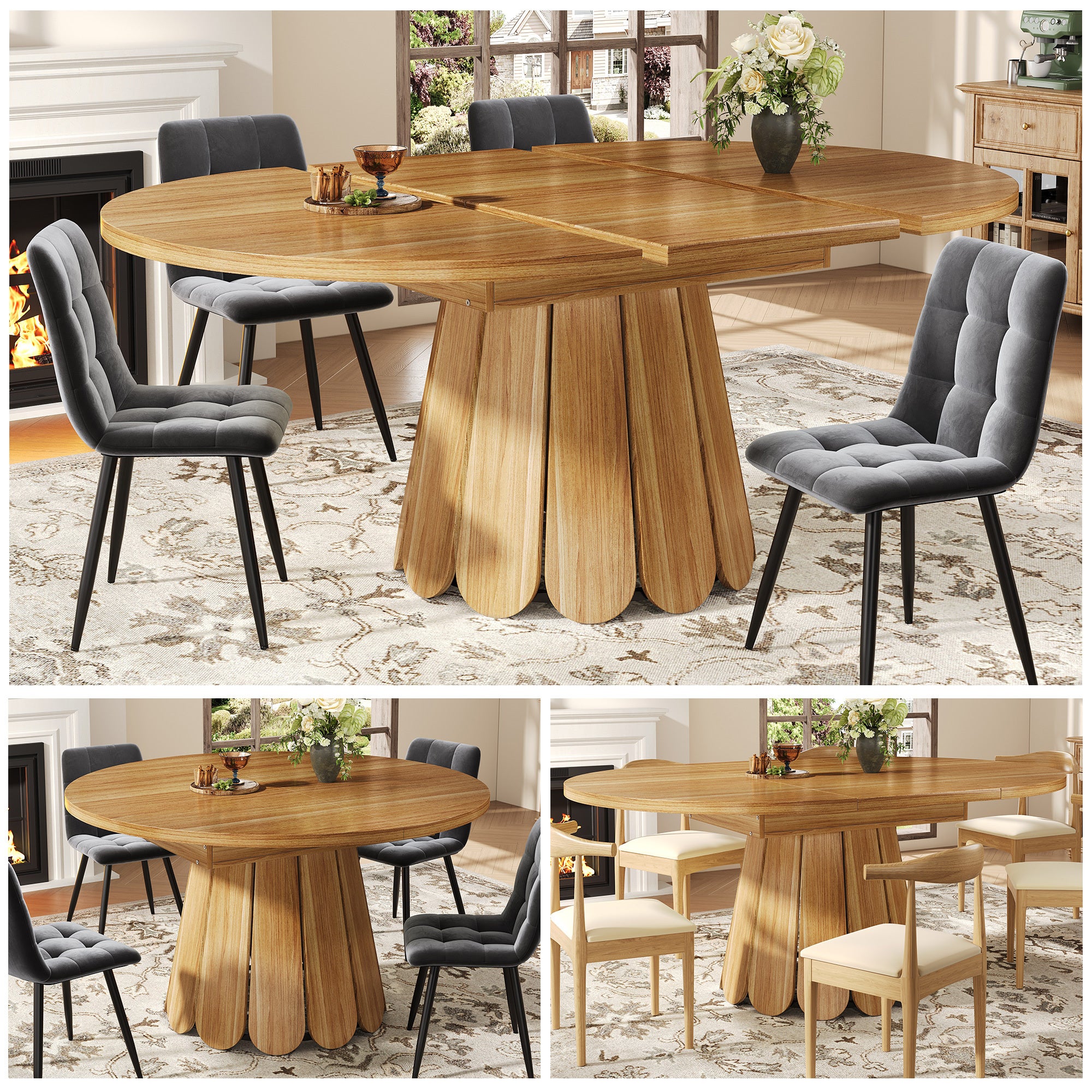 Table a Manger Extensible ronde en ovale, Table de cuisine jusqu'à 6 couverts, Pour Balcon et Salon, Marron(118×118~158×76,8cm) - 5