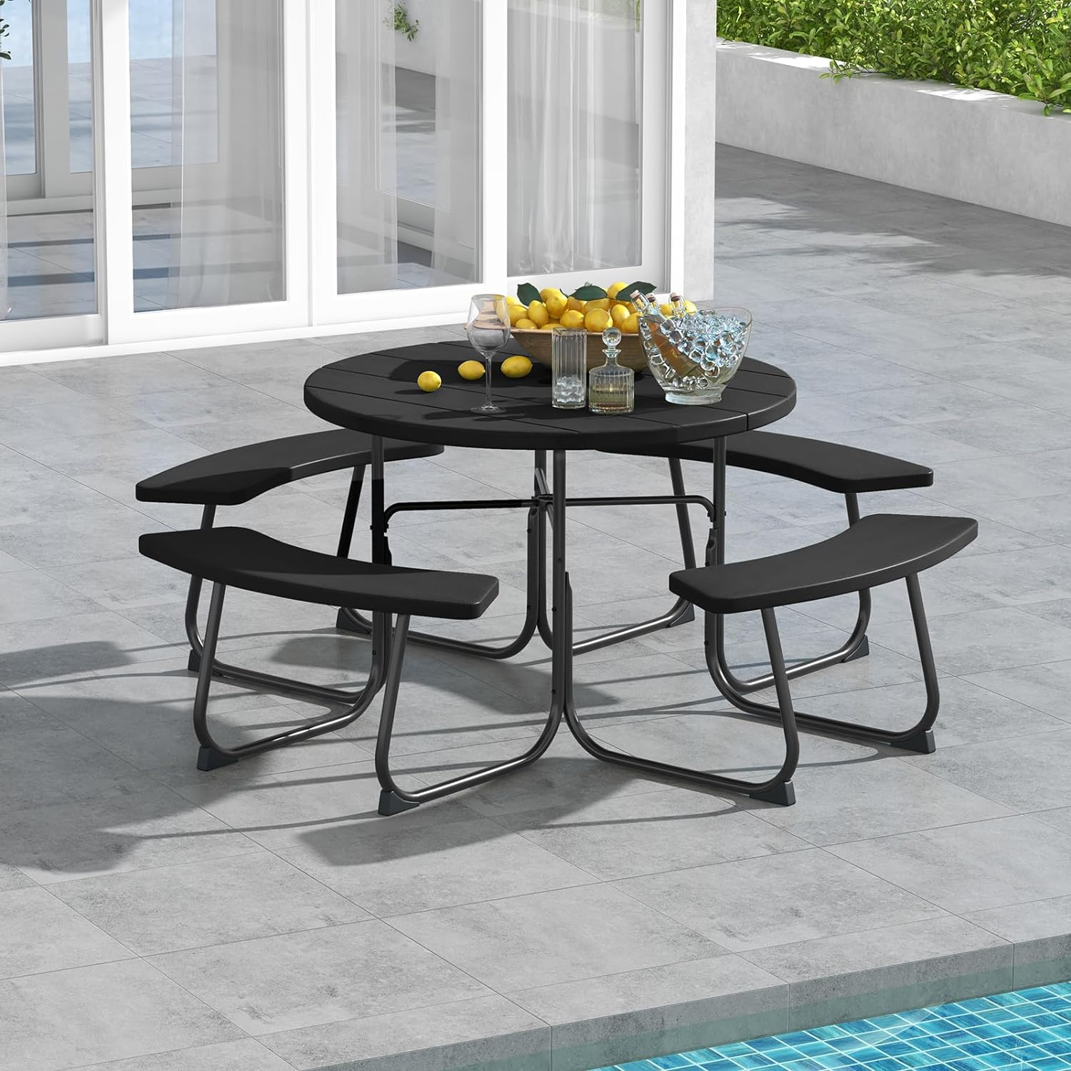 Table de Pique-Nique avec 4 Bancs Intégrés, Trou de Parasol, Cadre en Acier, Plateau HDPE pour 8 Personnes - 2