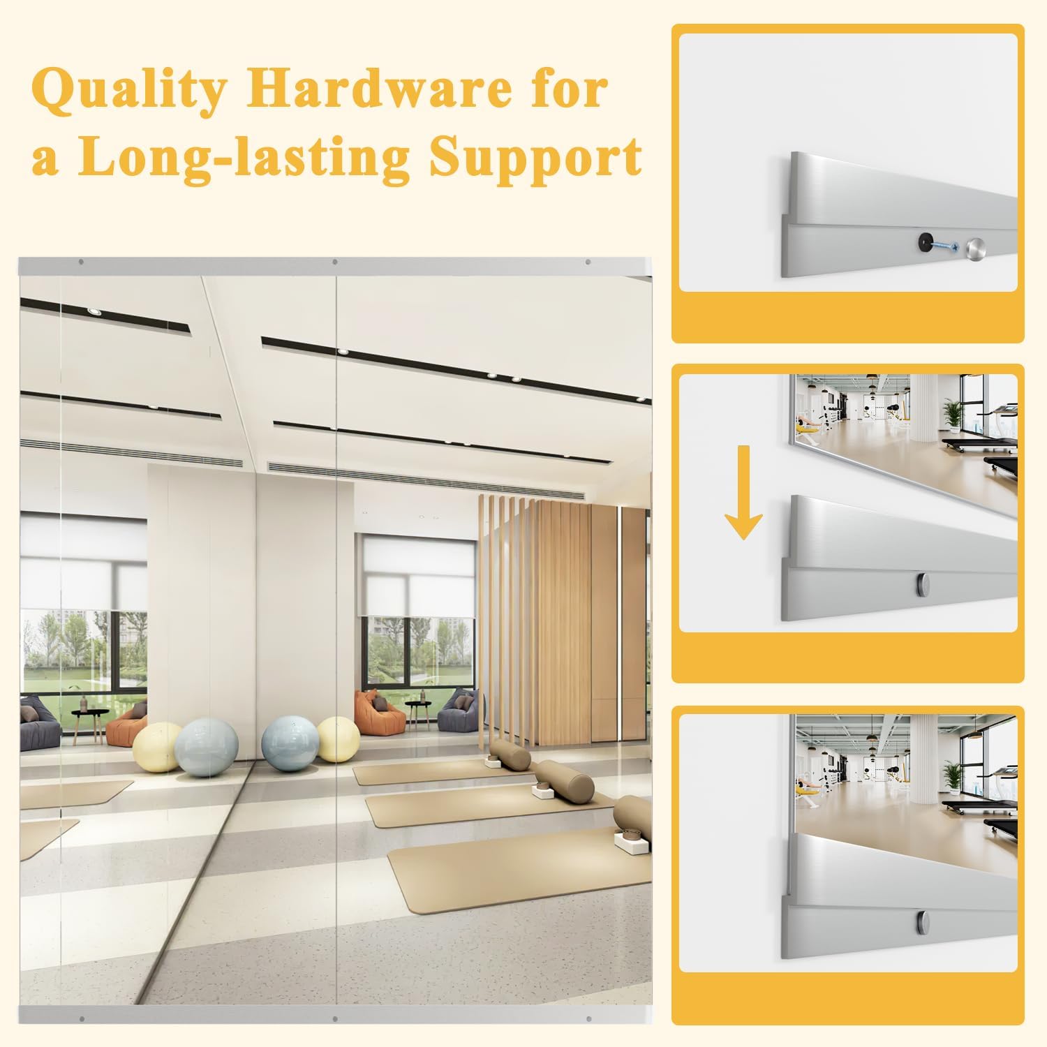 Specchio per ginnastica, 143 x 60 cm (2 pezzi), mobiletto per palestra, vetro templato senza cornice, grande montaggio a parete per palestra - 4