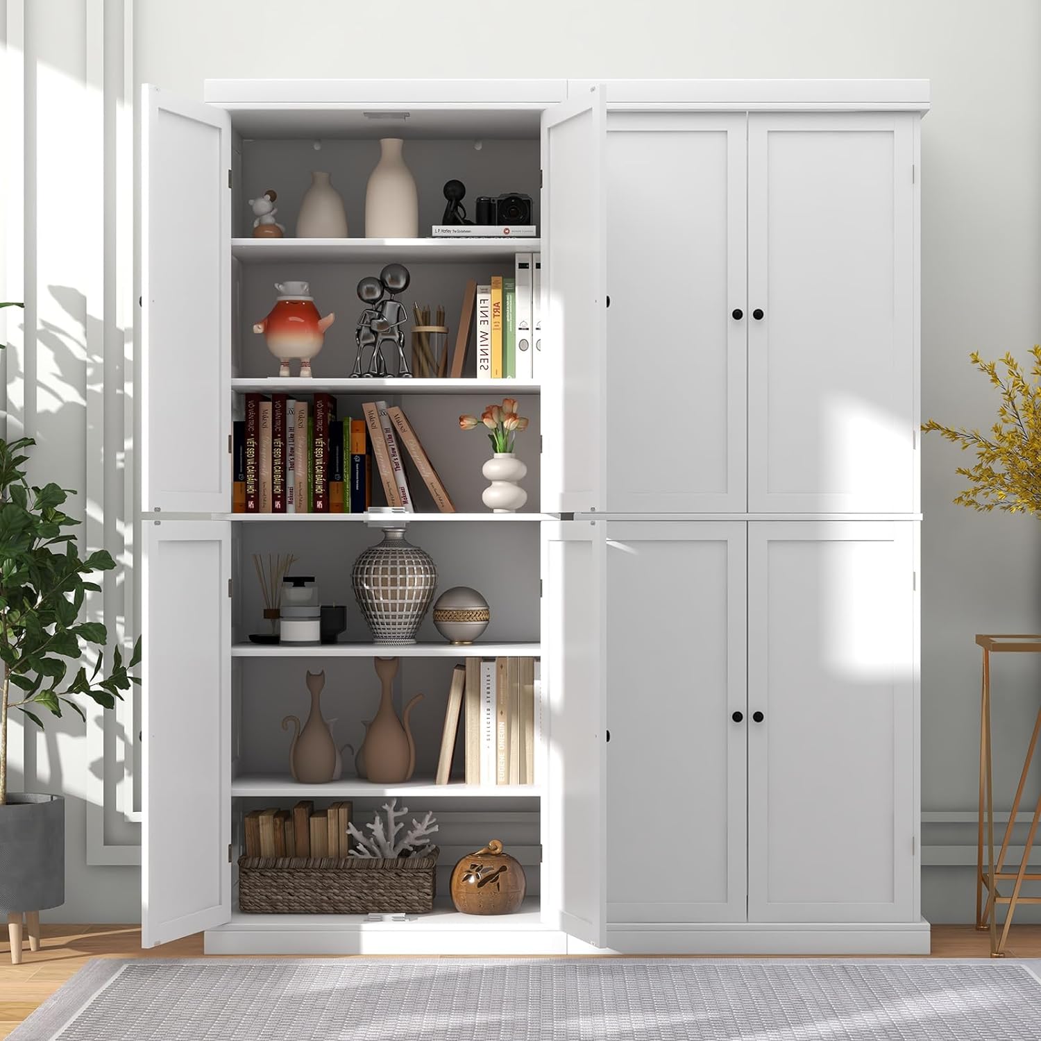 Armario Alto de Cocina Con 4 Puertas y 6 Estantes Ajustables, de Despensa, Buffet, Baño y Almacenamiento Para Cocina, Salón, Color Blanco - 8