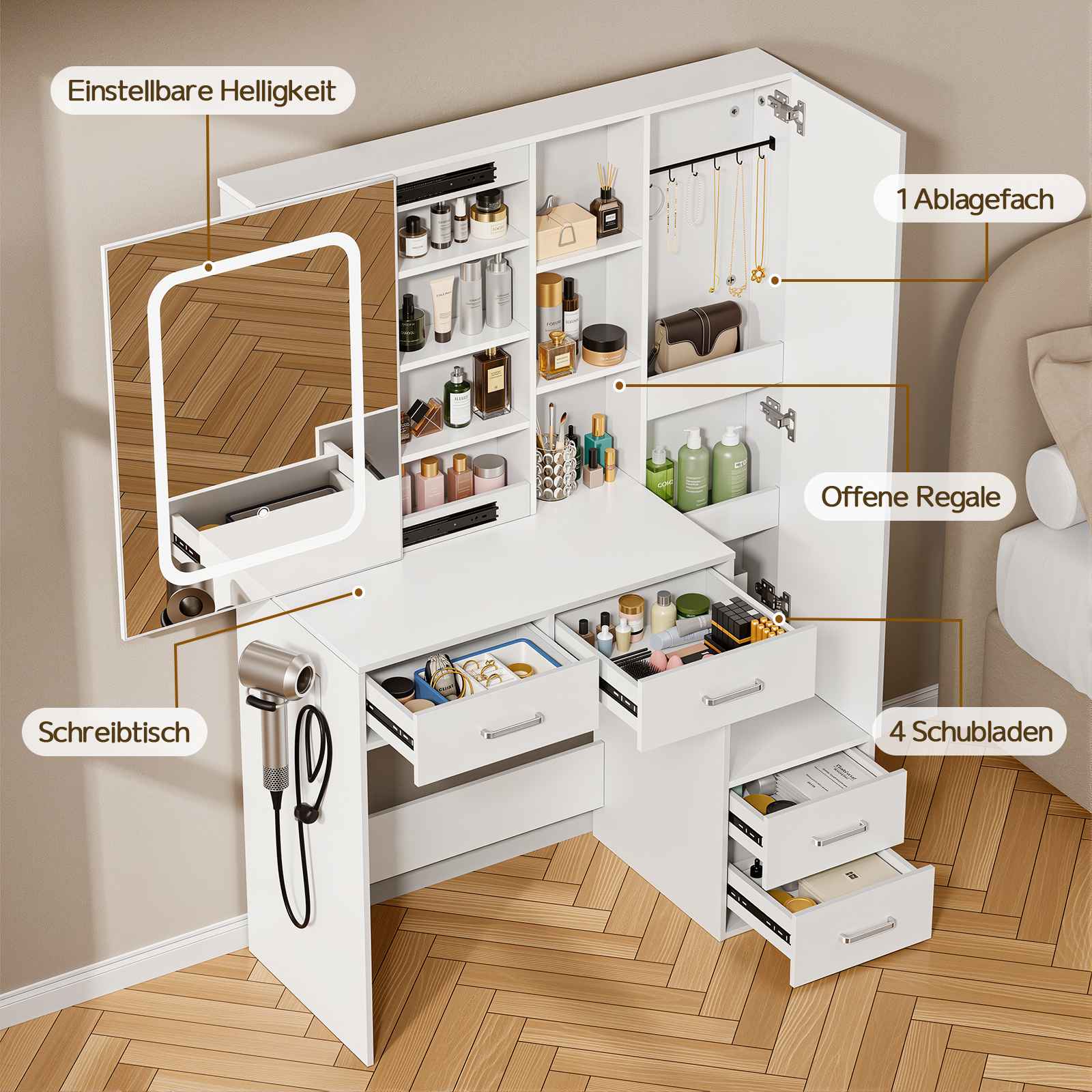 Coiffeuse avec miroir LED Blanc H. 148 x l. 100 x P. 40 cm - 2