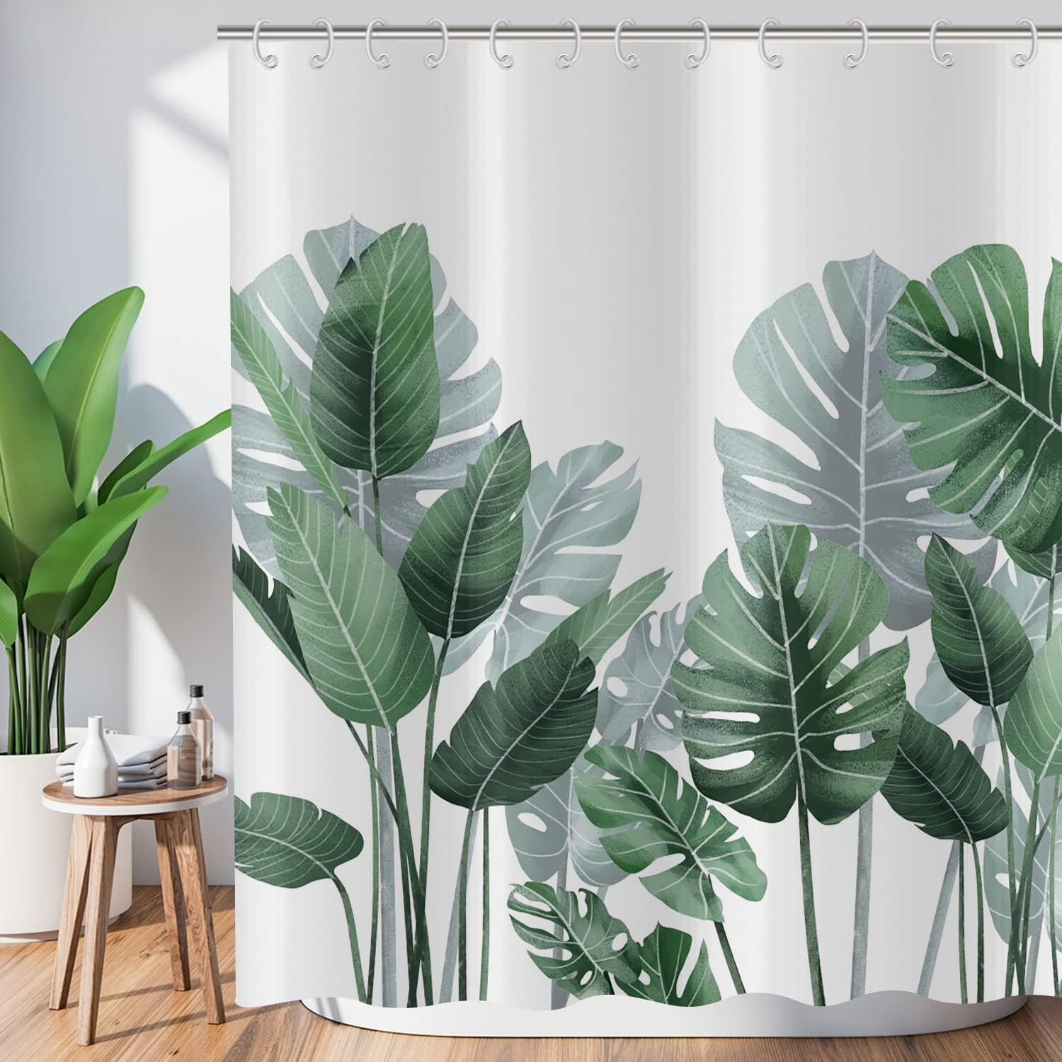 Tende da doccia con foglie tropicali Foglia di palma verde Banana