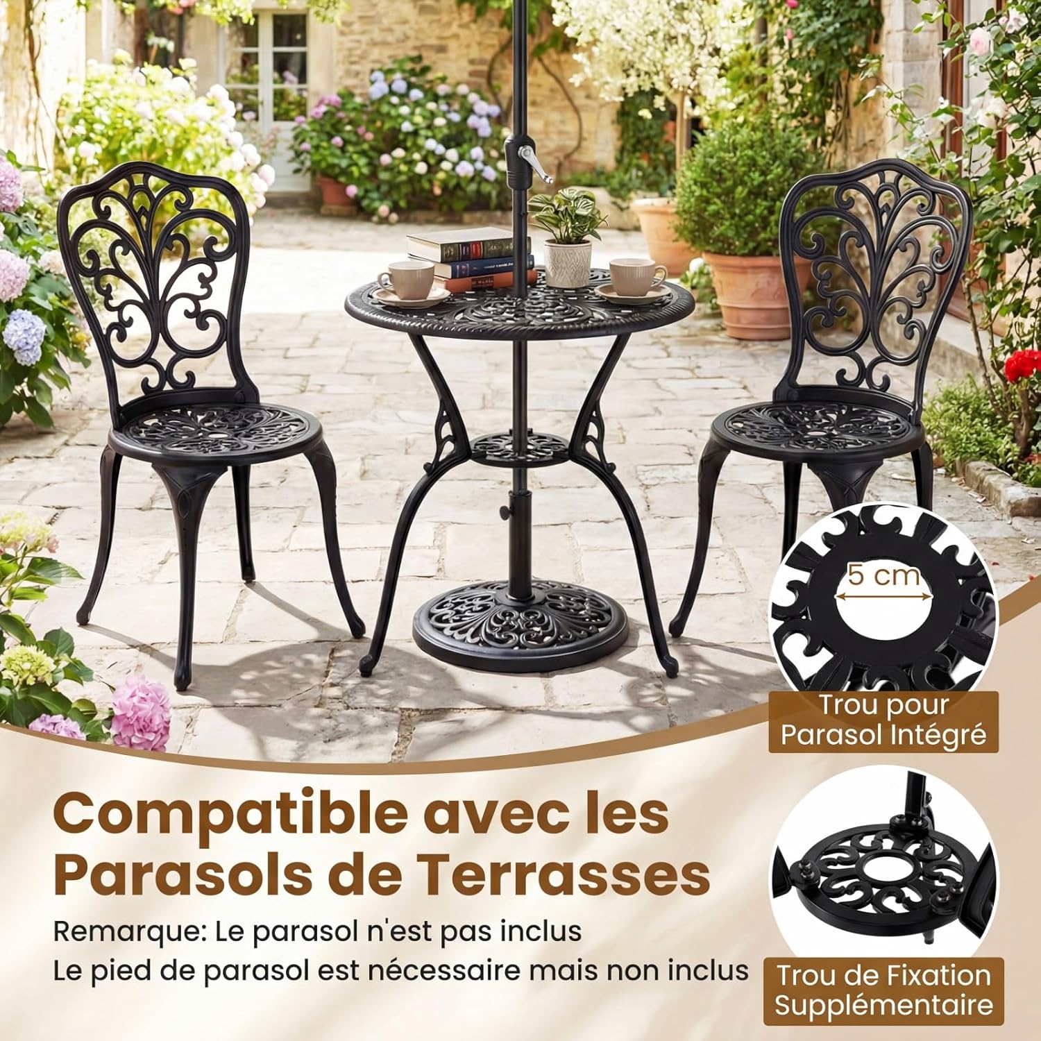 GIANTEX Sala Jardim 3Pcs em Alumínio Fundido, Conjunto Bistrô 2 Cadeiras e 1 Mesa Redonda,com Furo Guarda-sol, para Varanda Terraço Jardim, Preto - 6