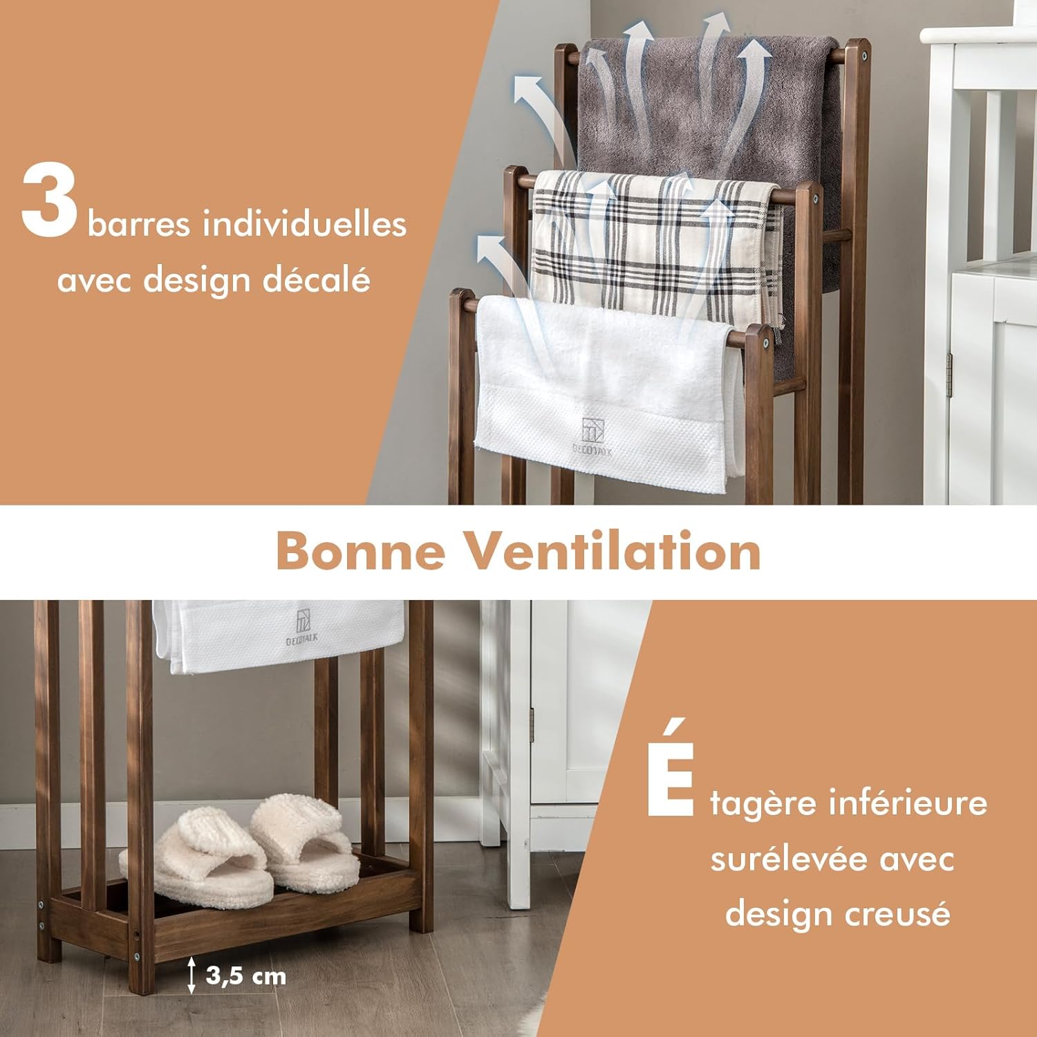 Porte-Serviettes Autoportant sur Pied en Bois, avec 3 Barres Individuelles et Étagère Surélevée, Design Creux, 45x22x86cm - 3