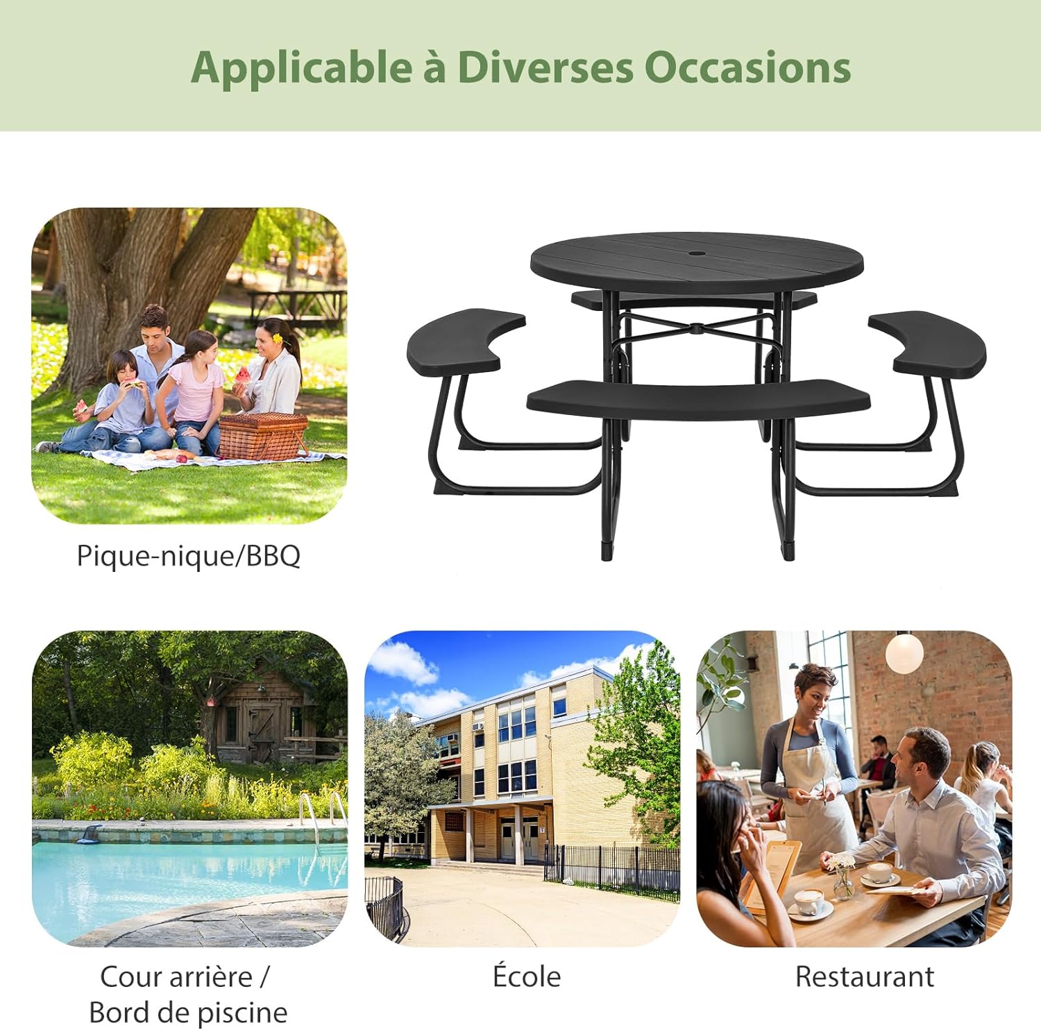 Table de Pique-Nique avec 4 Bancs Intégrés, Trou de Parasol, Cadre en Acier, Plateau HDPE pour 8 Personnes - 8