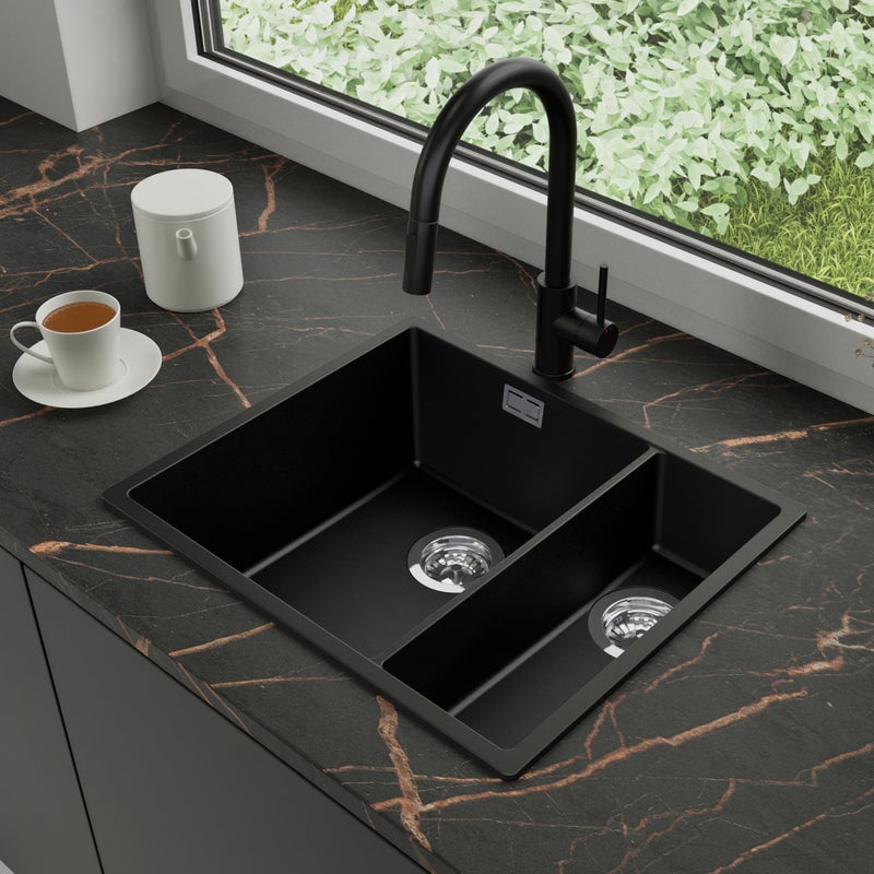 Zlewozmywak Granitowy 56x47cm, do szafki od 60cm + Bateria + Syfon - Agate Czarny STONESTYLE