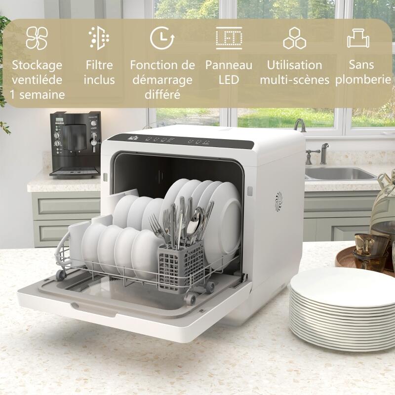 Mini lave-vaisselle 4 couverts 6 L 5 programmes 90 min séchage LED tactile compact 45x44x45,8 cm ABS polypropylène blanc - 9