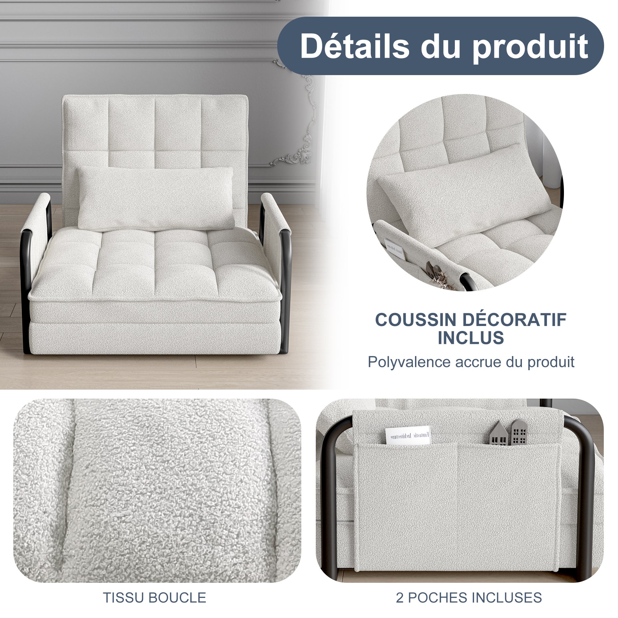 Fauteuil Convertible 1 place - Canapé-Lit 5 Positions Ajustables - en Chenille - Finitions en Laine d'Agneau - Blanc - 9
