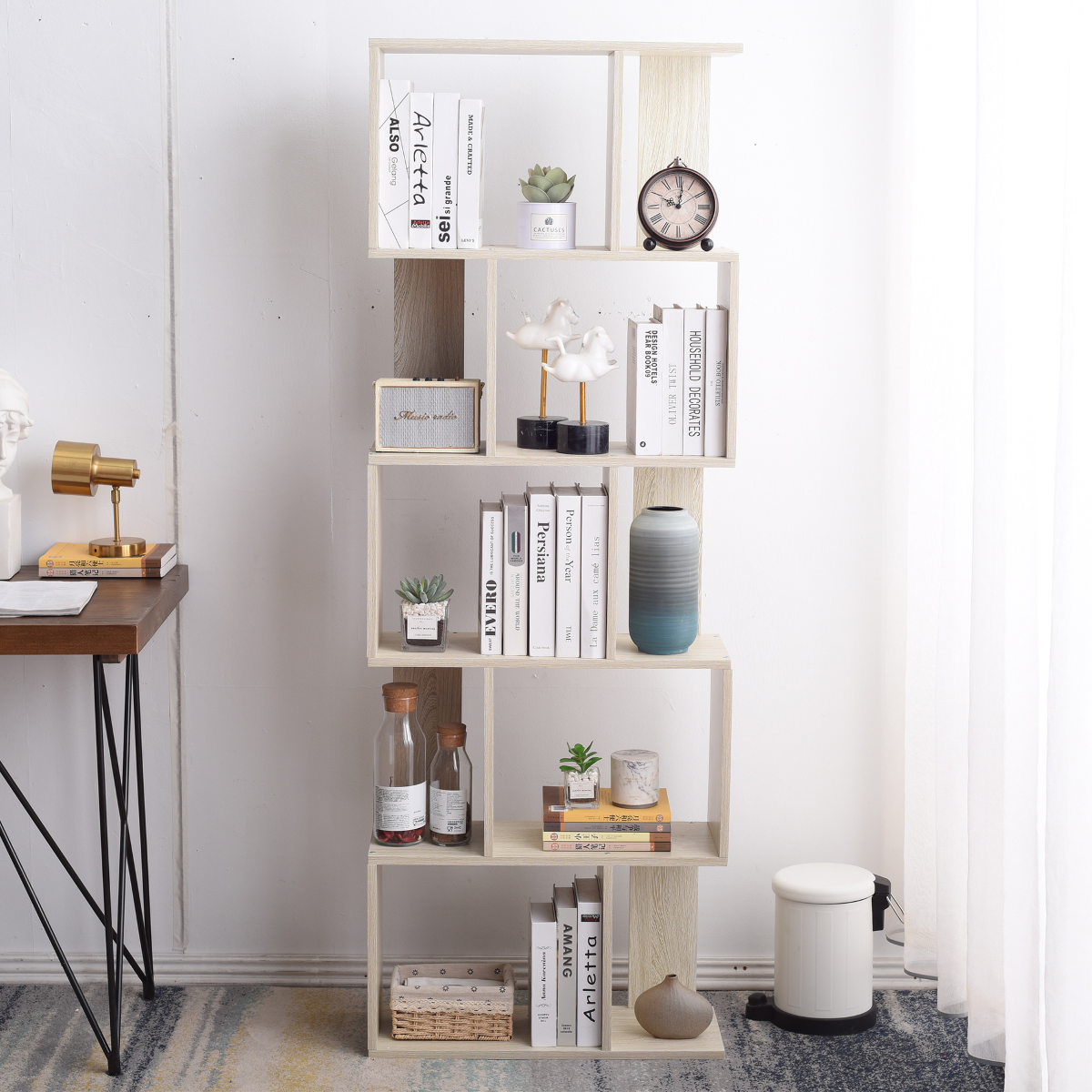 Scaffale Libreria Mobili Rebecca 5 Ripiani Abete Sbiancato Mdf Sala 169x60x24 - 2