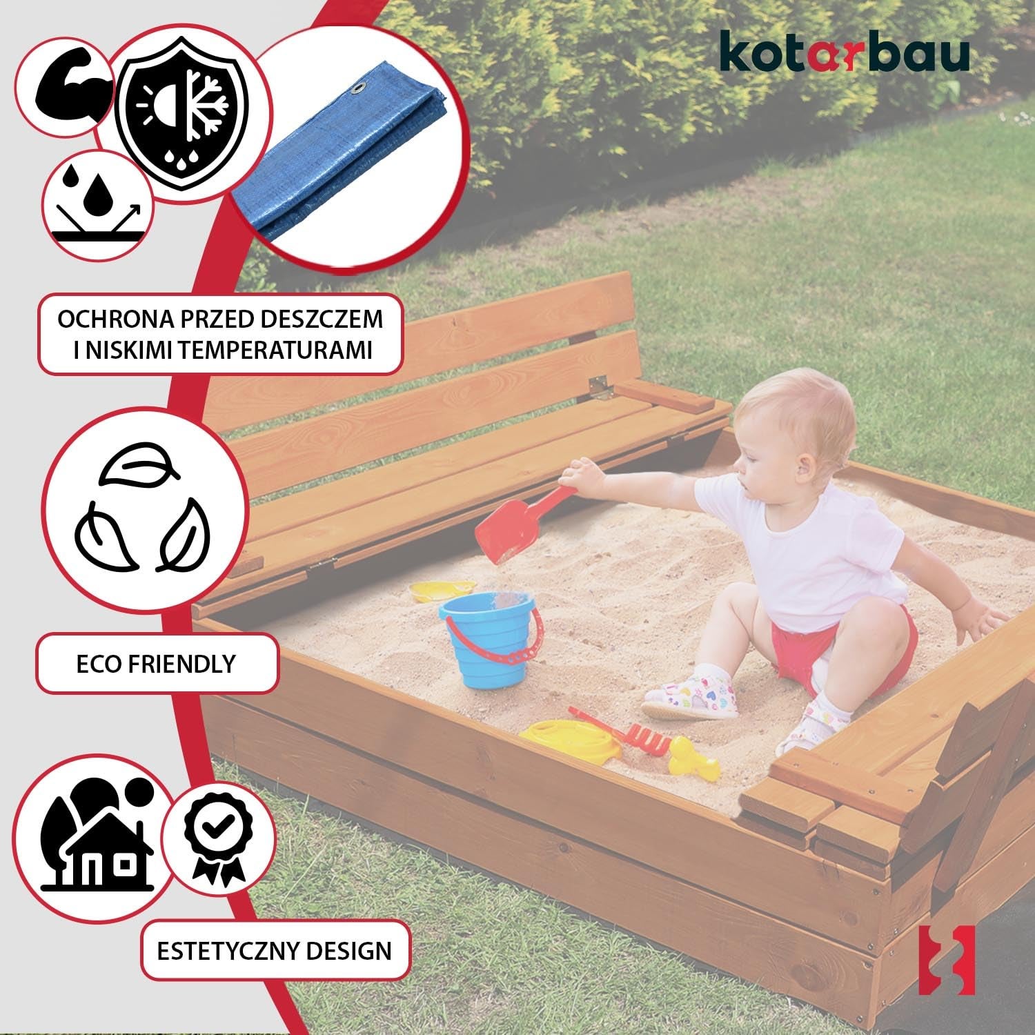 KOTARBAU Bac à Sable Enfant Extérieur Bois 140 x 140 cm Marron avec Couvercle et Bancs Bac à Sable Refermable Imprégné Avec Tissu - 4