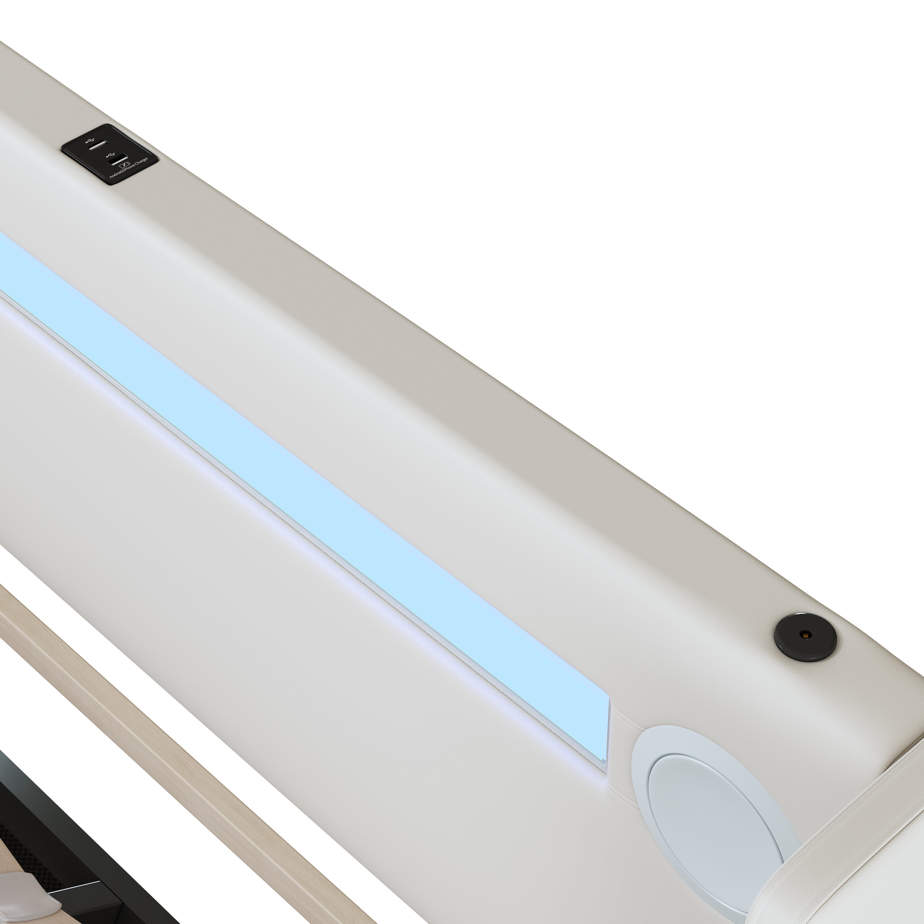 Łóżko z tapicerowanym zagłówkiem z ekoskóry 160x200cm z LED, odtwarzaczem Bluetooth i portami USB - z stelażem na listwy - Białe - 5