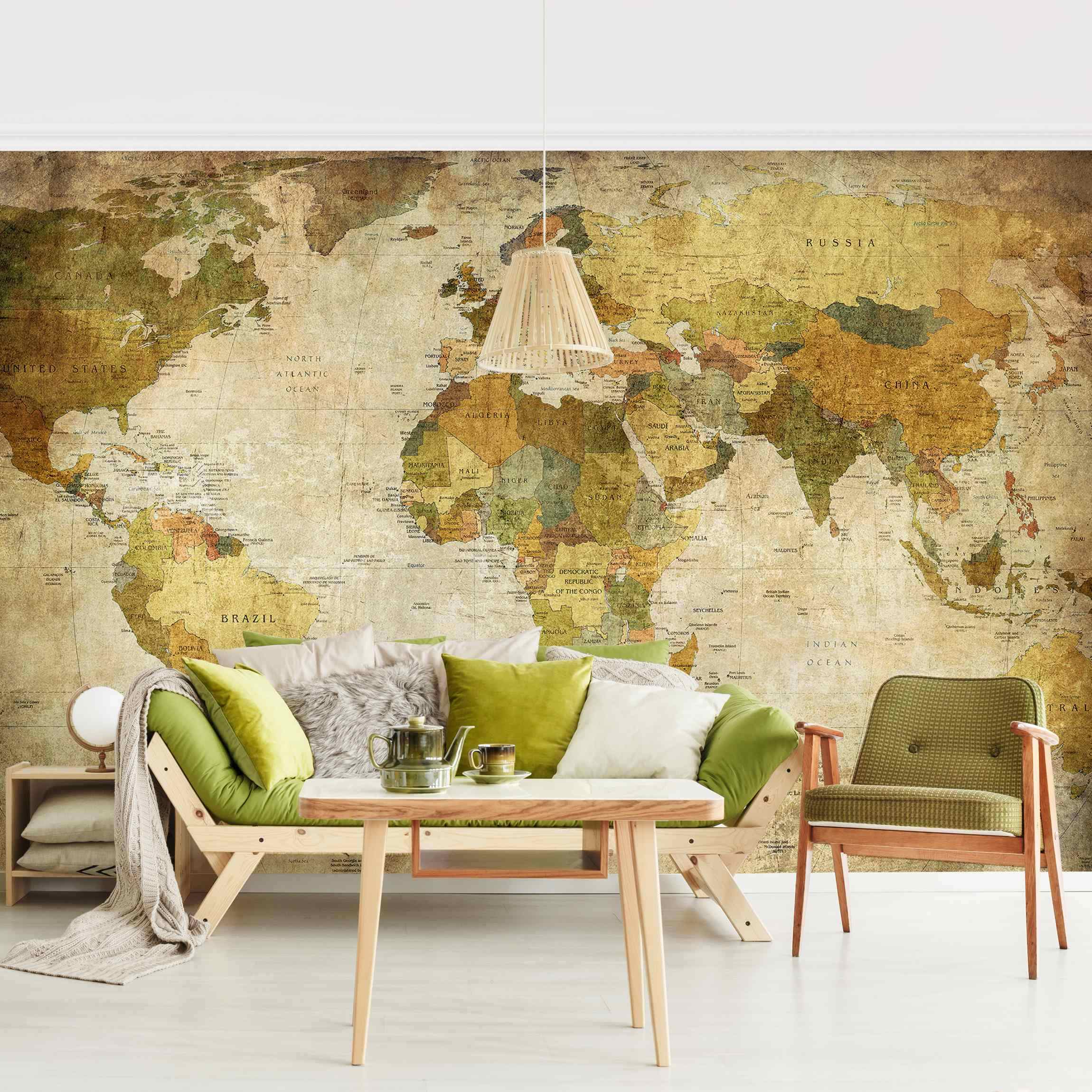 Papel pintado fotomural mapamundi mapa del mundo vintage shabby chic 136 - salón dormitorio cocina pasillo - tnt 432 x 290 cm adhesivo