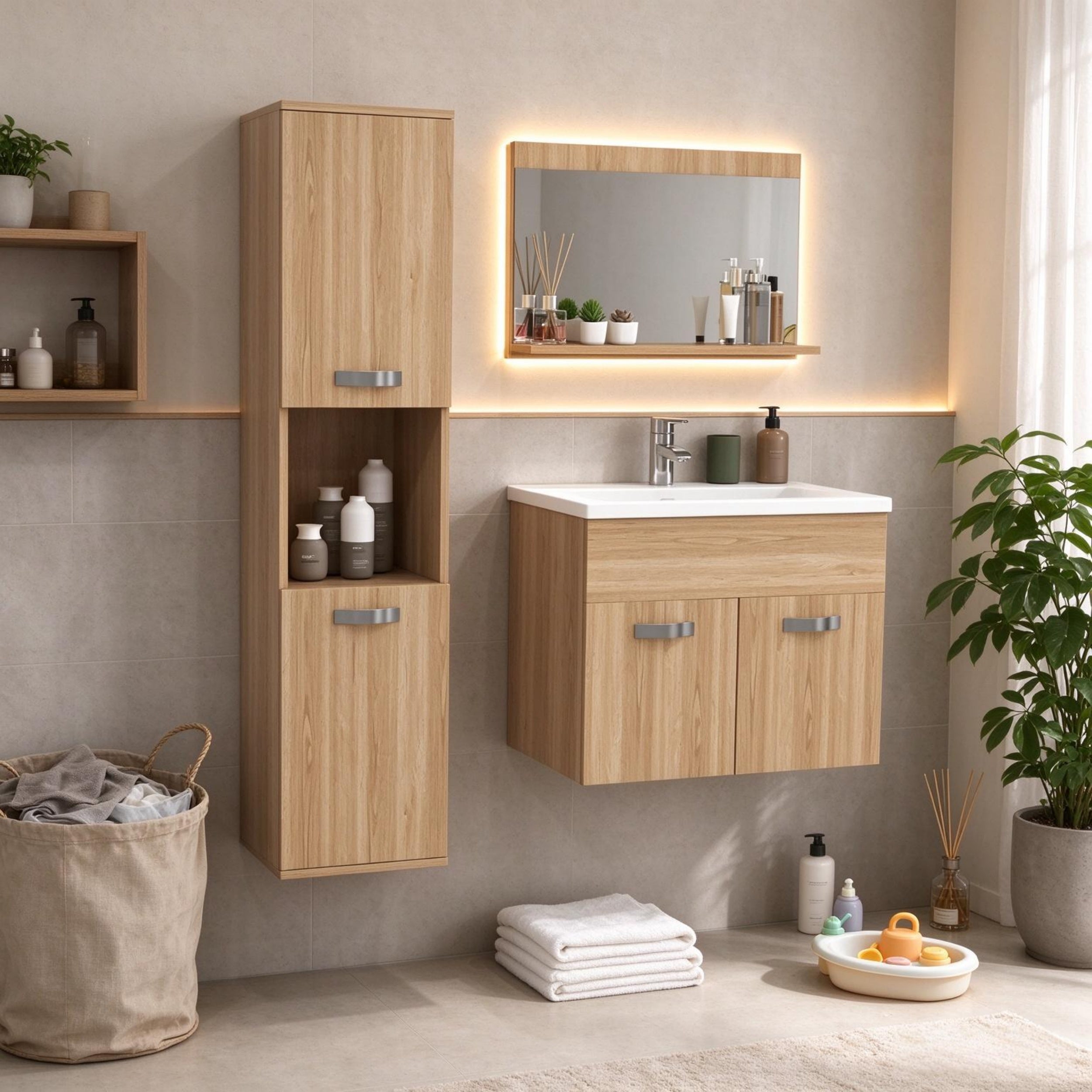 Ensemble salle de bain suspendu 4 pièces avec miroir, meuble vasque ...