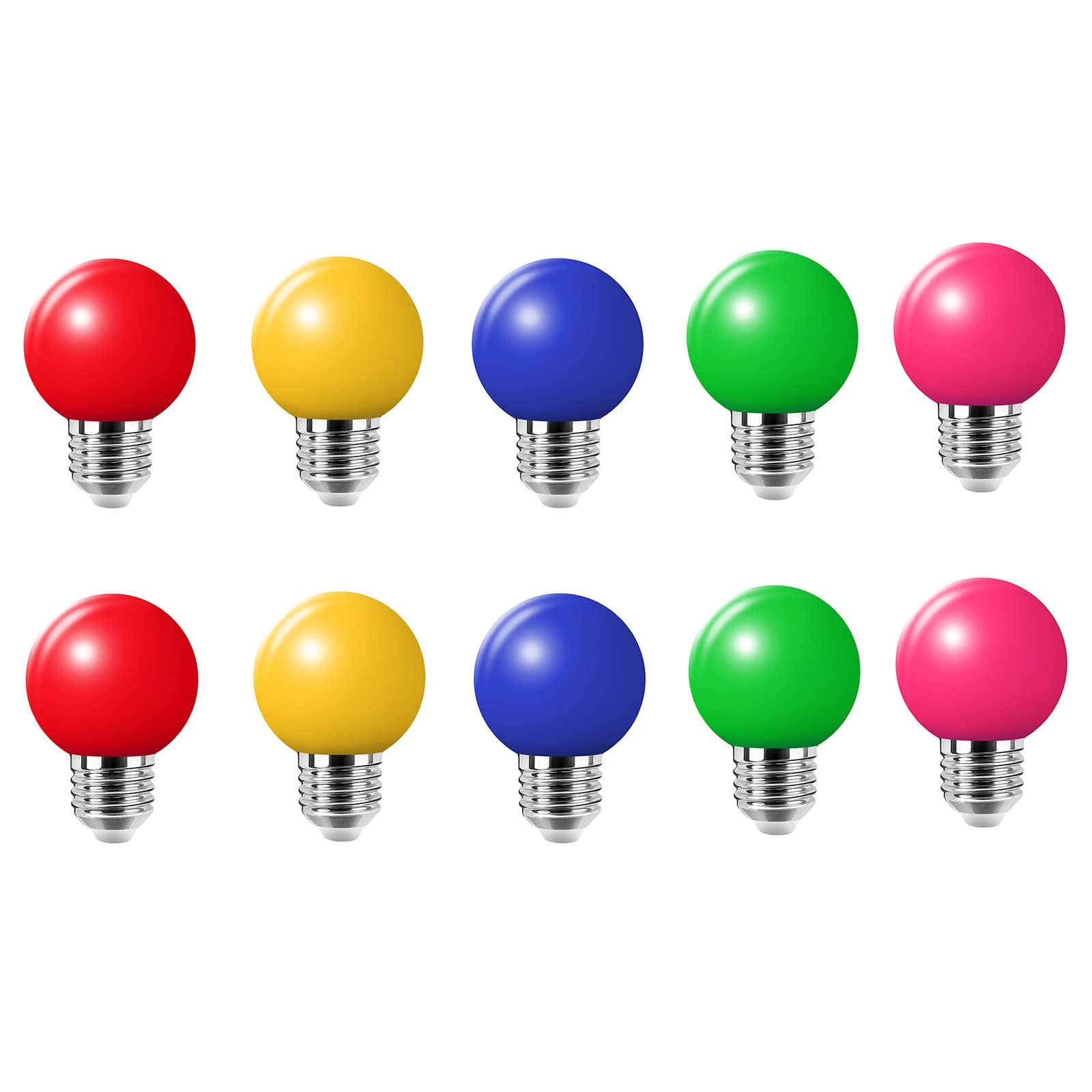 Zestaw 10 żarówek E27 LED Kolorowych 2W Barwna Żarówka Lampa Kolorowa Kąt 360° AC220V-240V, Czerwona, Żółta, Niebieska, Zielona i Różowa