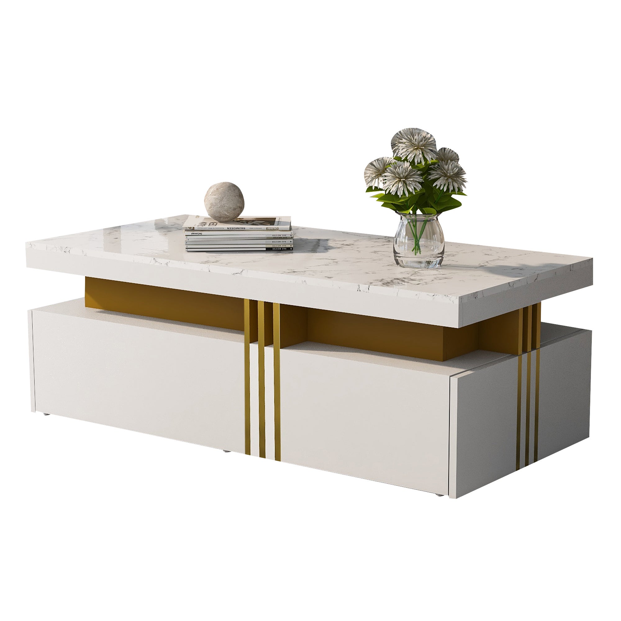 Table basse rectangulaire avec 2 tiroirs - 100x50x40 cm - panneaux de particules - plateau marbré, pour salon - blanc - 3