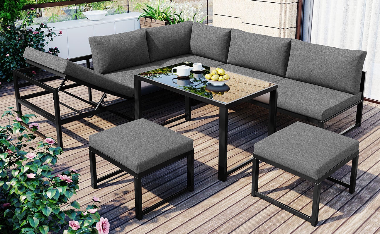 Muebles de jardín modulares de metal: 1 sofá elevable de 3 plazas + 1 sofá de 2 plazas + 2 taburetes + 1 mesa de centro de cristal - Gris + negro - 5