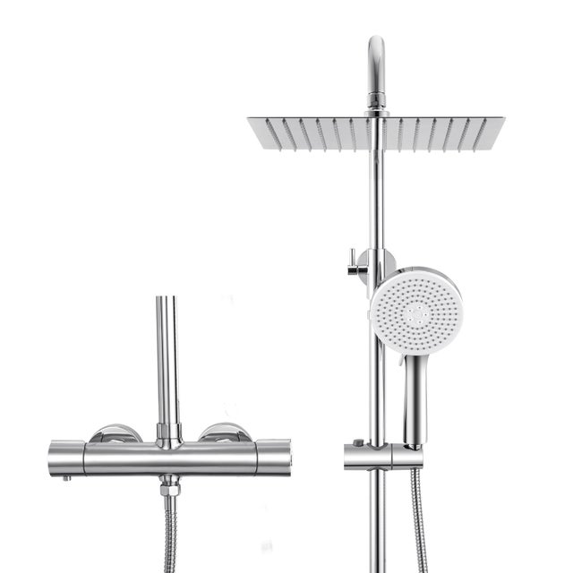 Juego de ducha SOFETIY MAX cromado con mezclador termostático cuadrado de 30 x 30 cm, rociador redondo de 5 chorros