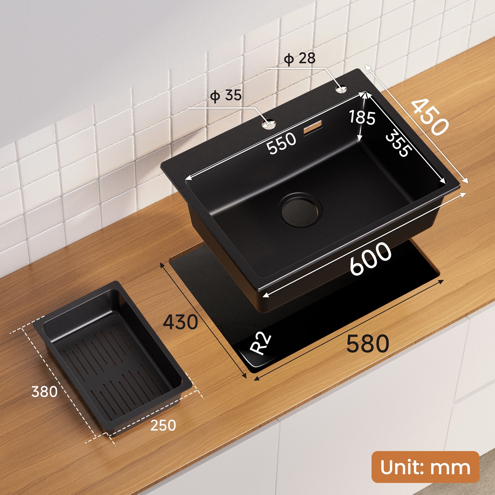 Lavello da cucina 60x45 cm in quarzo e resina, lavello a vasca singola nero, lavello a incasso - 7