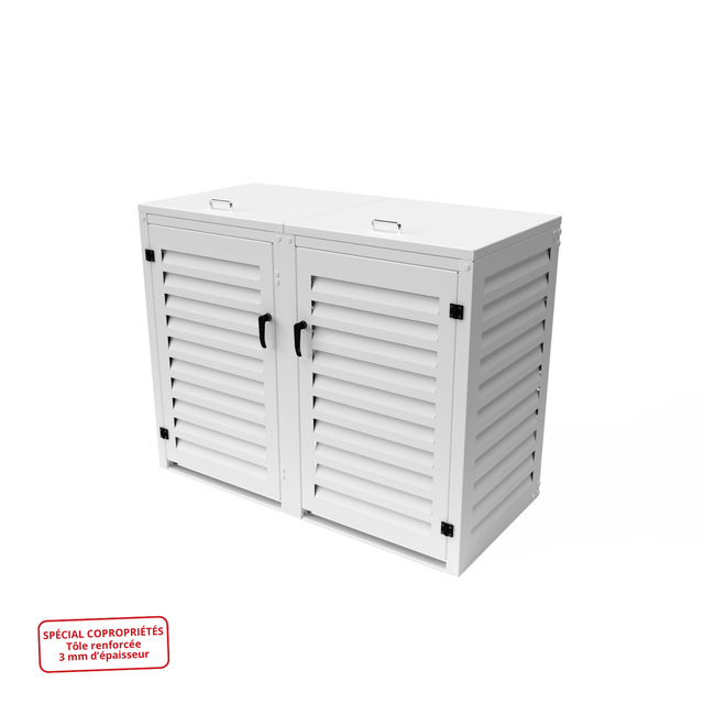 Cache Poubelle Double Spécial Copropriété (3mm) en Aluminium Thermolaqué – Abri pour 2 Conteneurs 360 Litres – Blanc RAL 9010