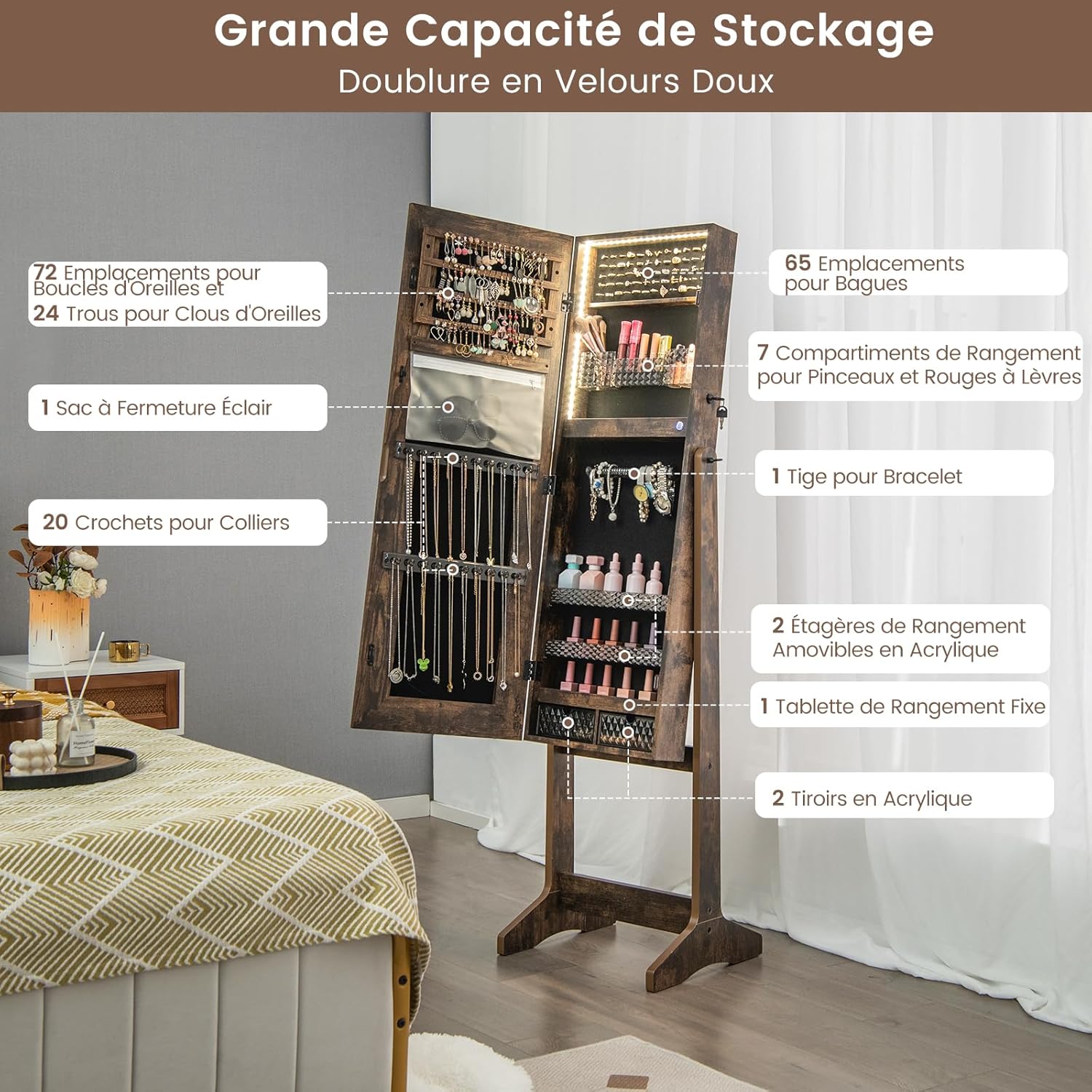 Armoire à Bijoux avec Miroir, Armoire de Rangement sur Pied pour Boucles d'Oreilles, Organisateur de Bijoux Verrouillable avec Lumières(Marron) - 3