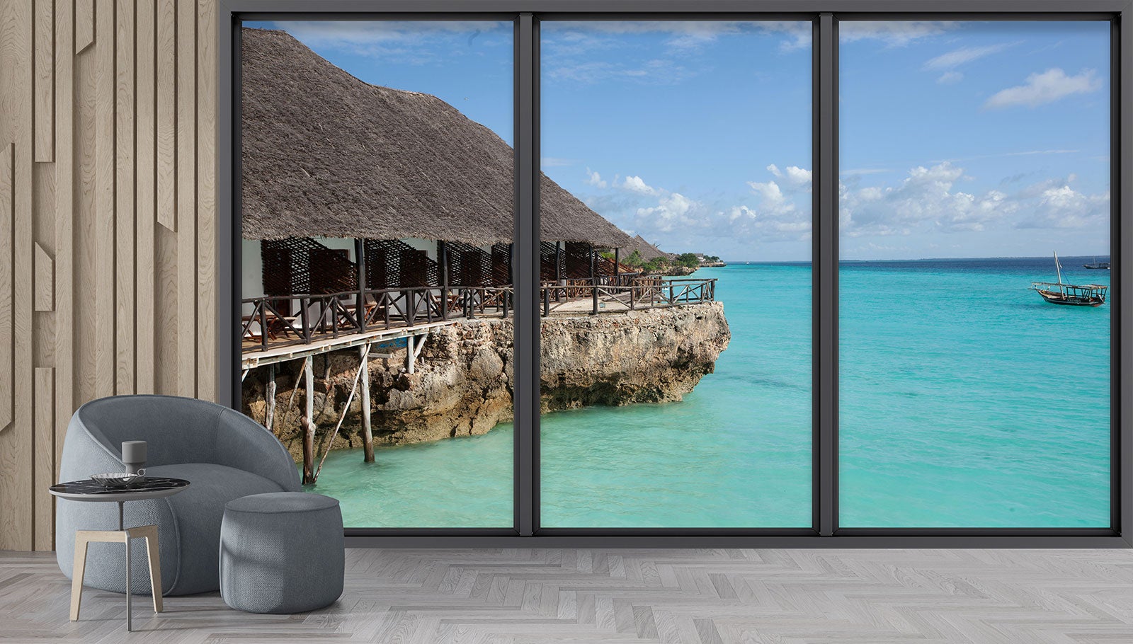 Papier peint panoramique intissé décoratif Trompe l'oeil baie vitrée - Paradisiaque - L260 cm x H156 cm - 4