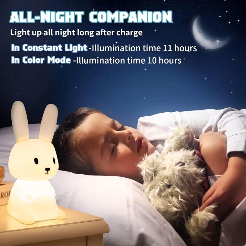 Veilleuse bébé lapin avec 7 lumières rechargeable USB fonction minuterie lampe de chevet pour chambre d'enfant cadeau - 4