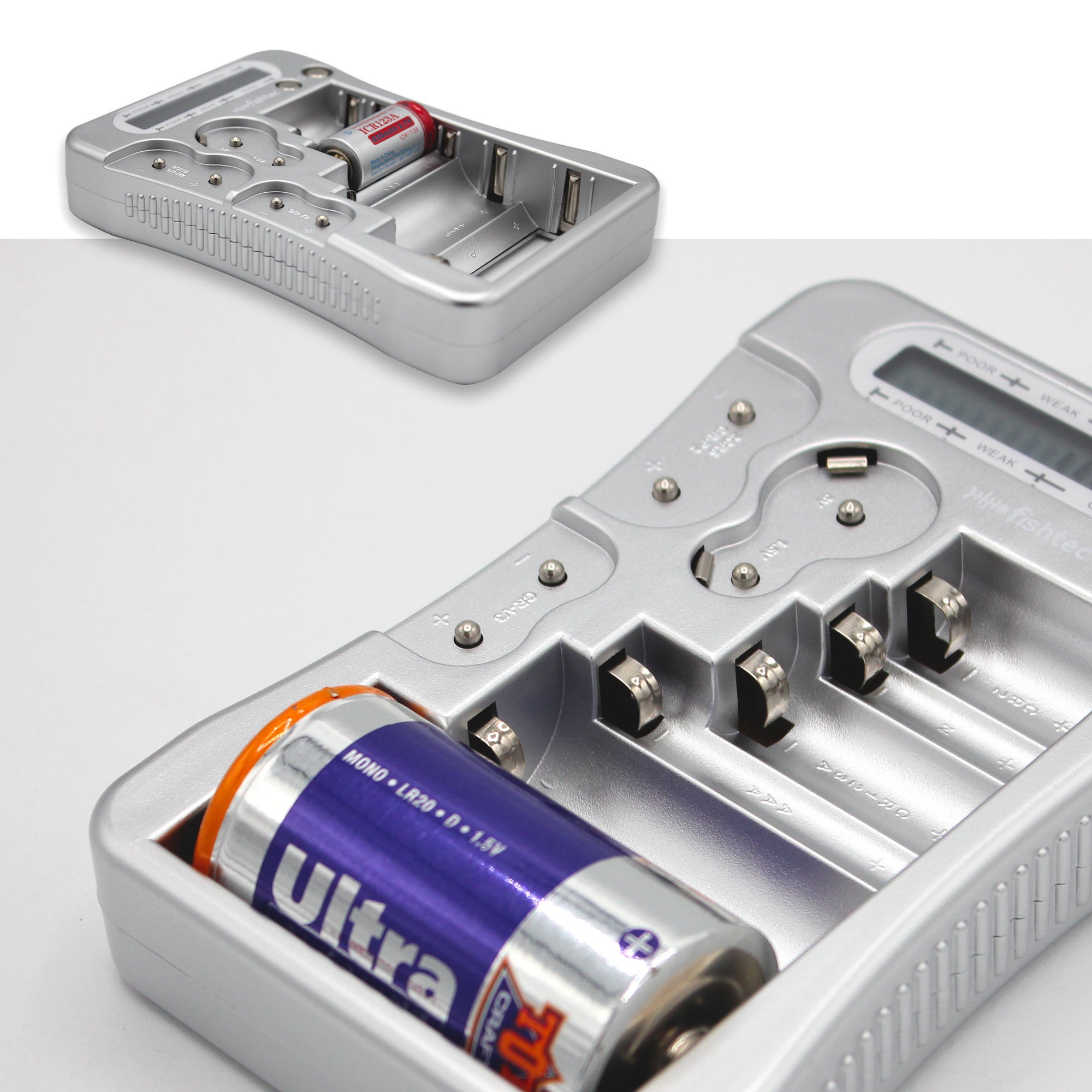 FISHTEC Tester di pile Universale, Visualizzazione digitale della tensione, Pile AA/LR6, AAA/LR3, C/LR14, D/LR20, 9V, Pile Bottone ALCALINE, Grigio - 4