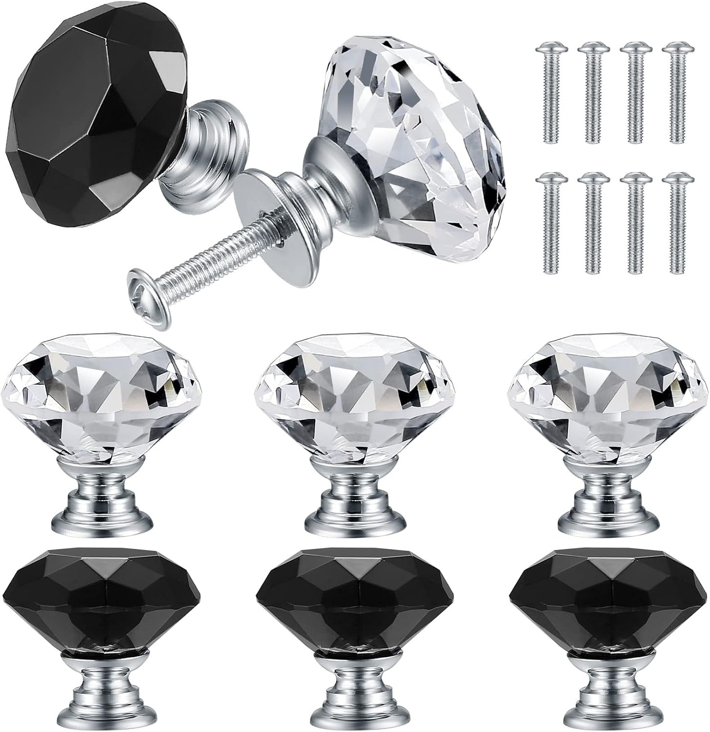 8 szt. kryształowych gałek do drzwi, diamentowych uchwytów meblowych, dekoracyjnych gałek do szafek, 30 mm (4 * przezroczyste + 4 * czarne)